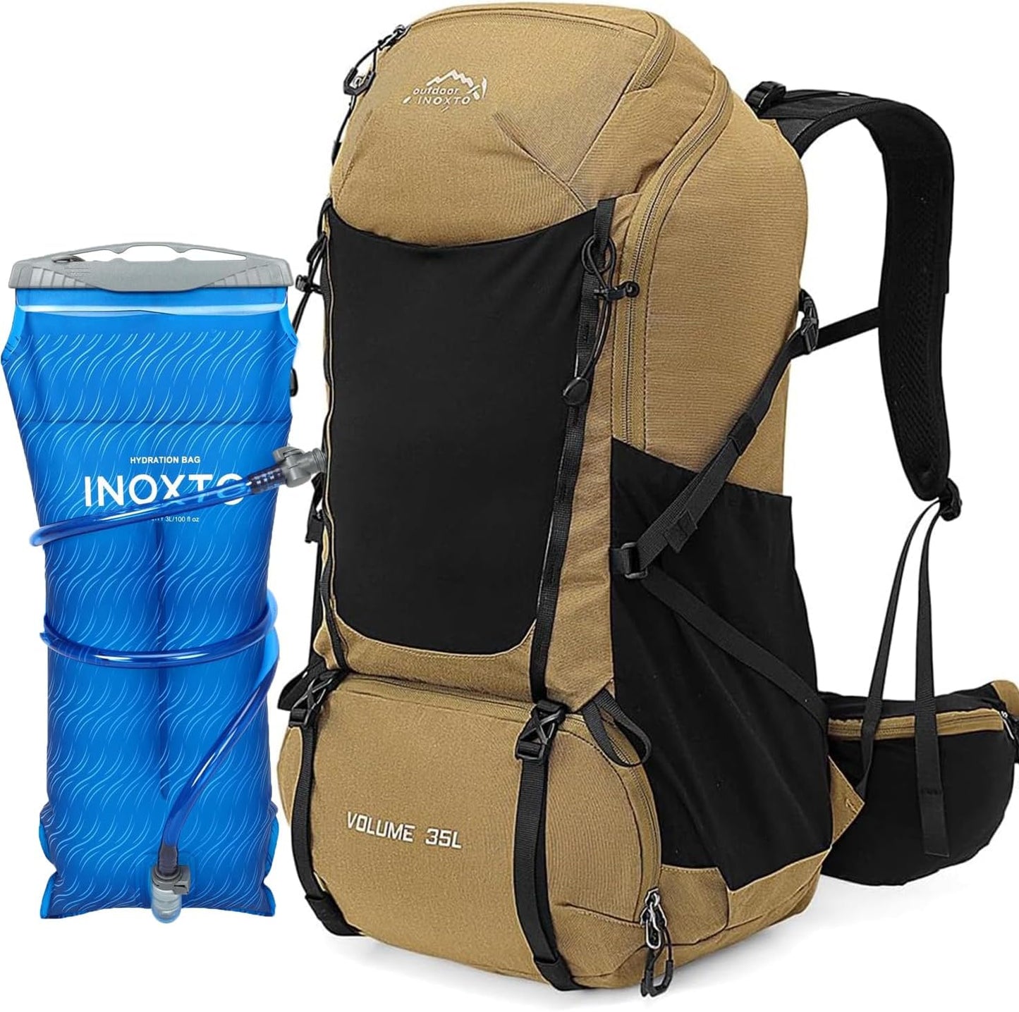 INOXTO 35L Hiking Backpack with 3Lwater bladder, Camping Backpack with Waterproof Rain Cover for Men, Outdoor Sport Travel Daypack for Climbing (Khaki 2)