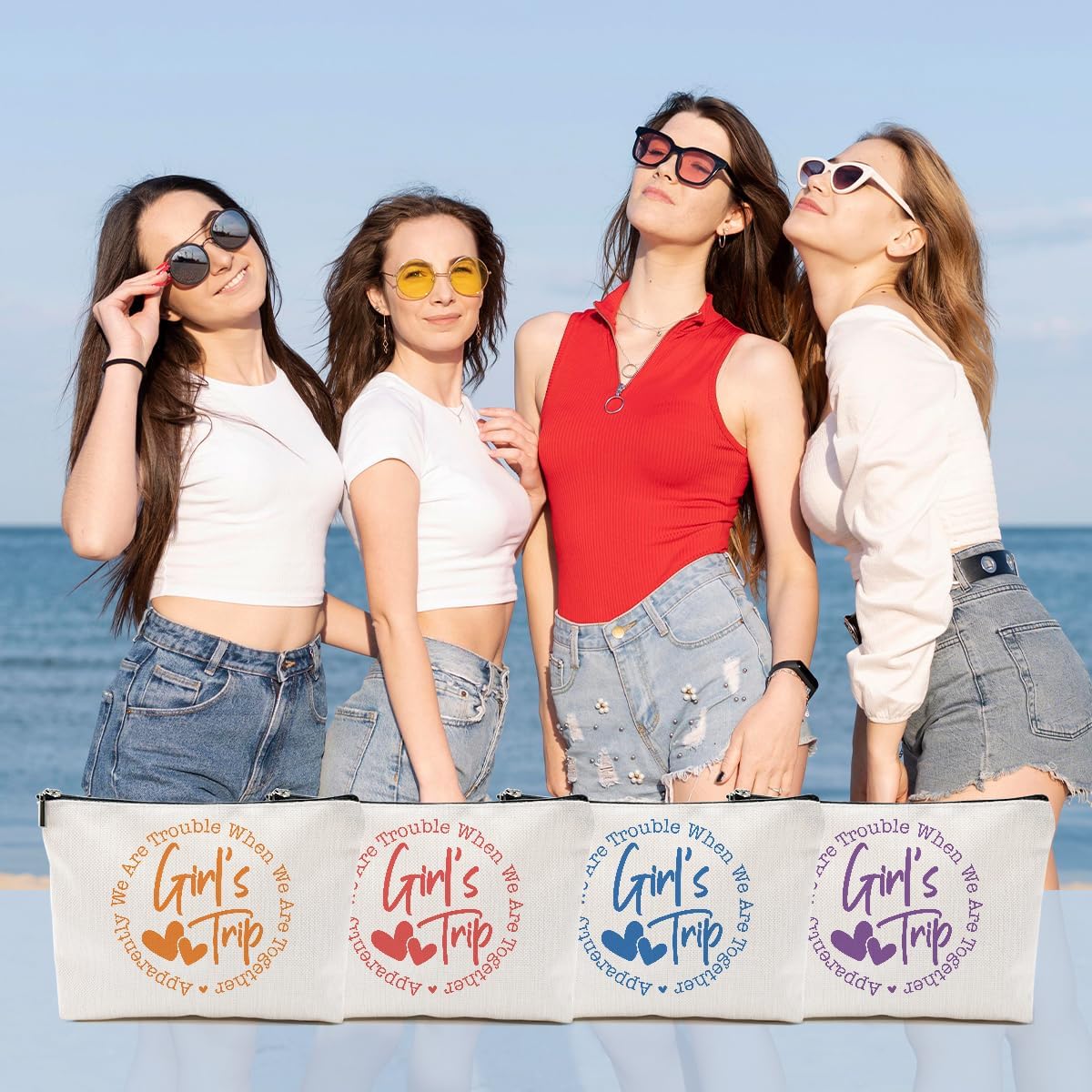 4Pcs Girls Trip Gifts Favors, 2025 Girls Weekend Gifts Makeup Bag, Bestie Gifts Weekend Bag Travel Gifts Vacation Cosmetic Bag, Friendship Gifts for Women Sister, Graduation Wedding Gifts Toiletry Bag