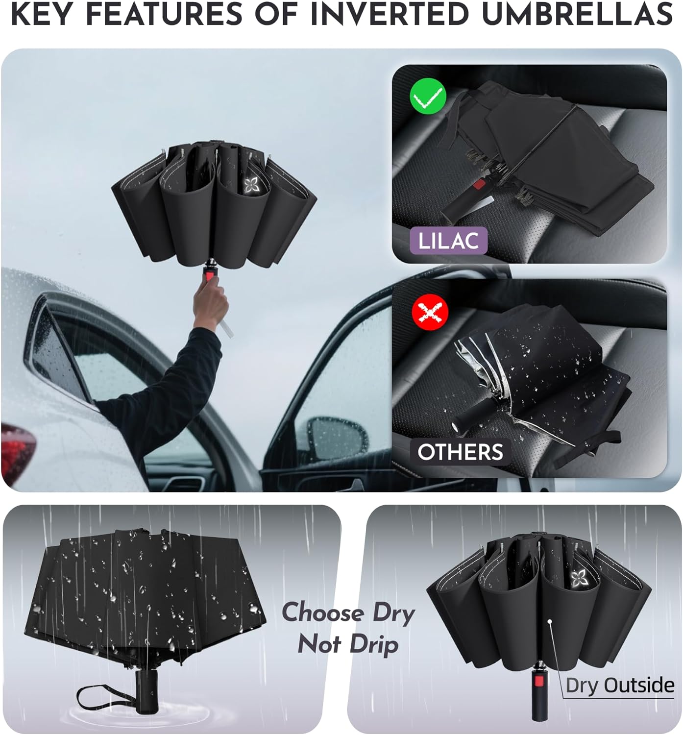 Large Travel Inverted Umbrella, 55" 10 Ribs Windproof for Rain & Sun, Reverse Auto open/close Compact Portable for Men, Reflective Thread for Night Safety