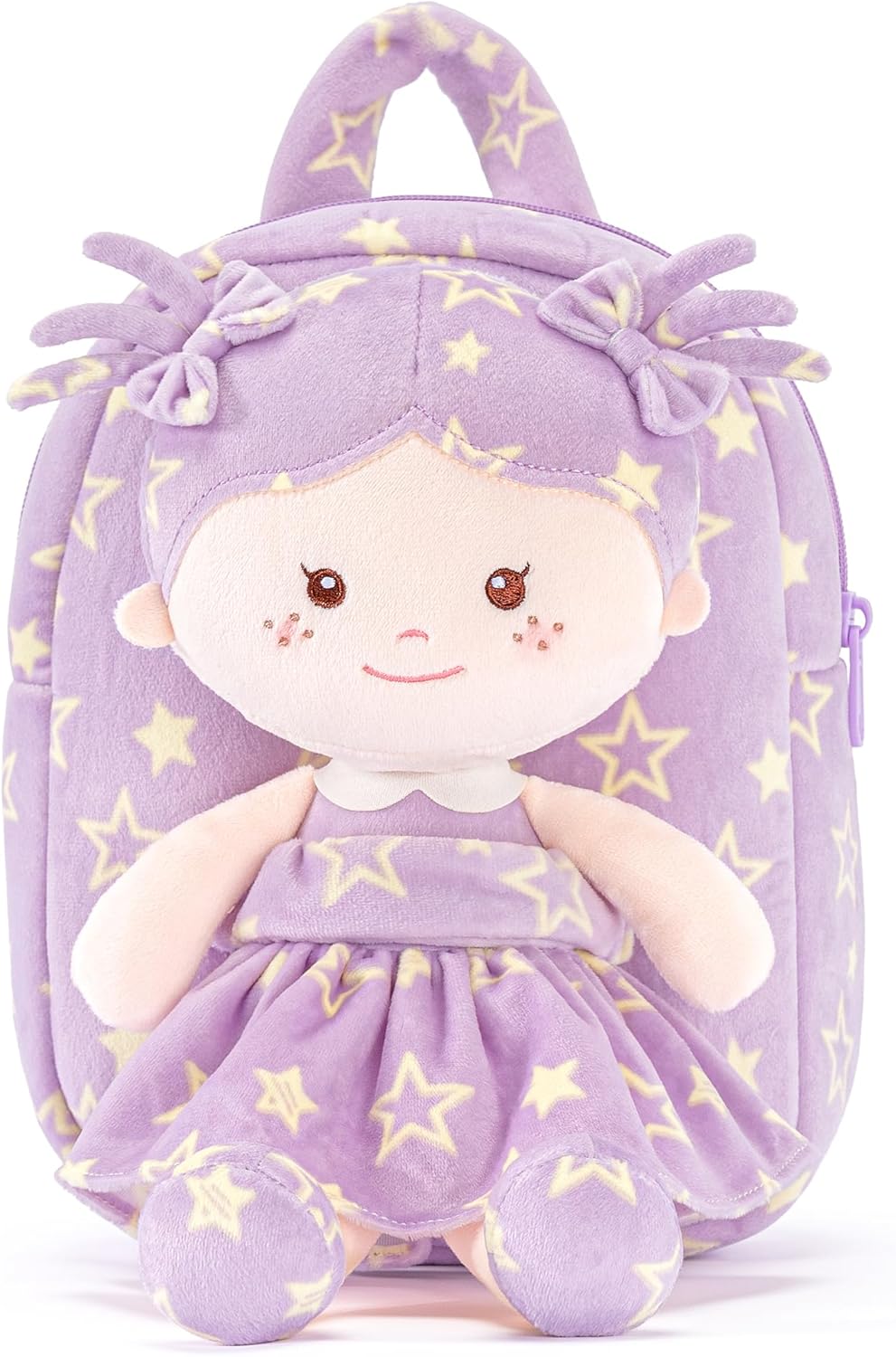 Onetoo Toddler Backpacks Back to School Gifts for Girls Kids Backpack with Soft Tanned Baby Dolls in Purple Star Dress 9"