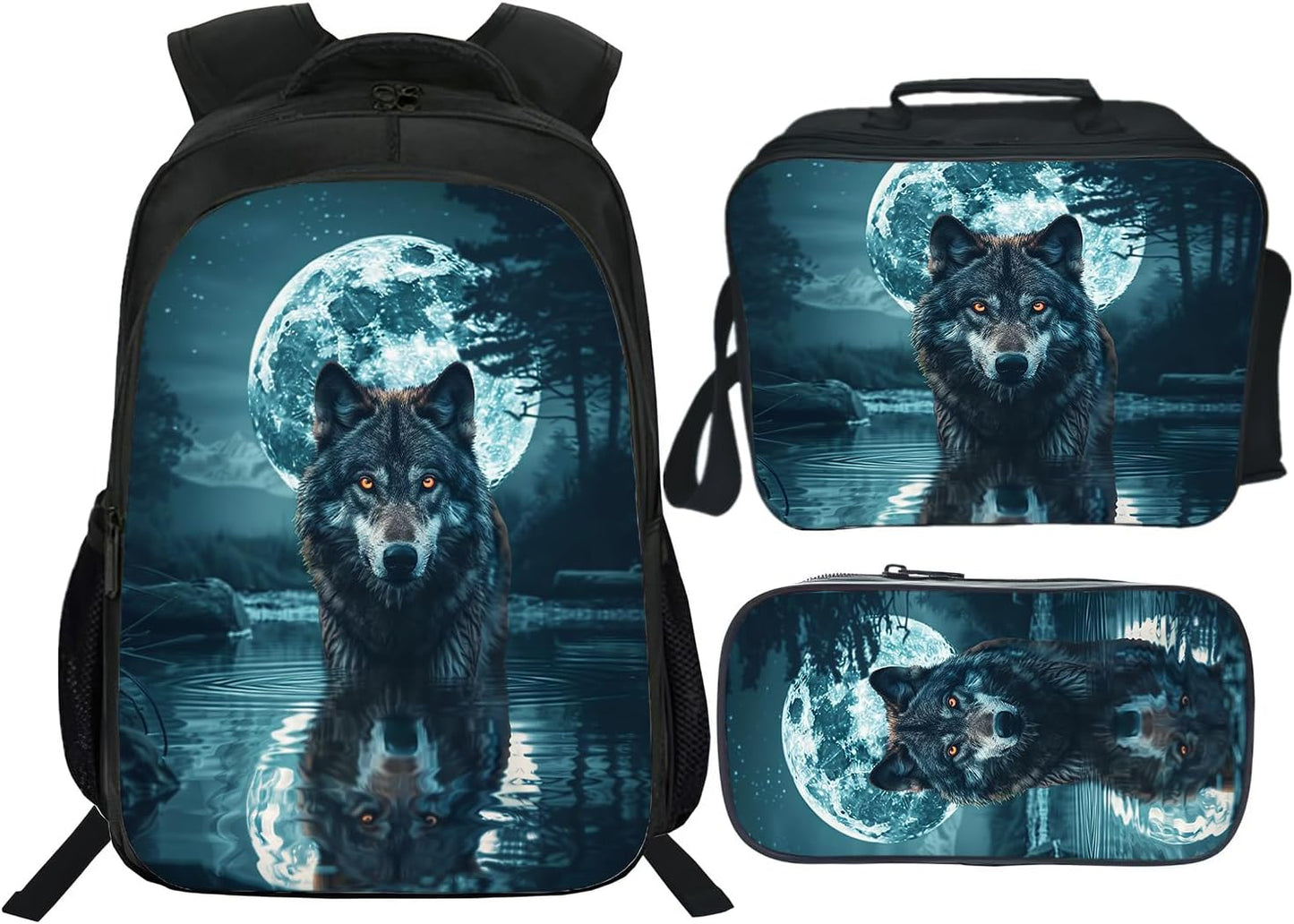 Klymax Wolf Backpack Animals Kids Schoolbag with Lunch Box Bag Pencil Bag 3pcs Bookbag Sets for Boys Girls