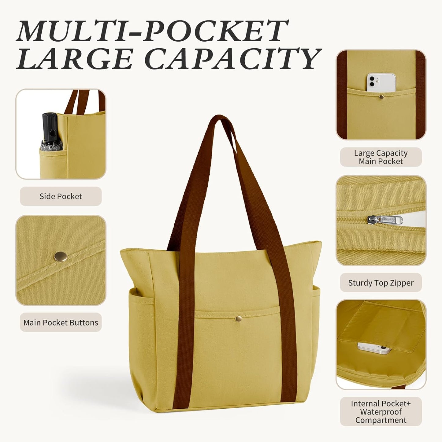 MeZQ Zippered Canvas Utility & Travel Tote Bag for Women - Multi-Pocket Compartments | car bag hooks,makeup bag,car hooks