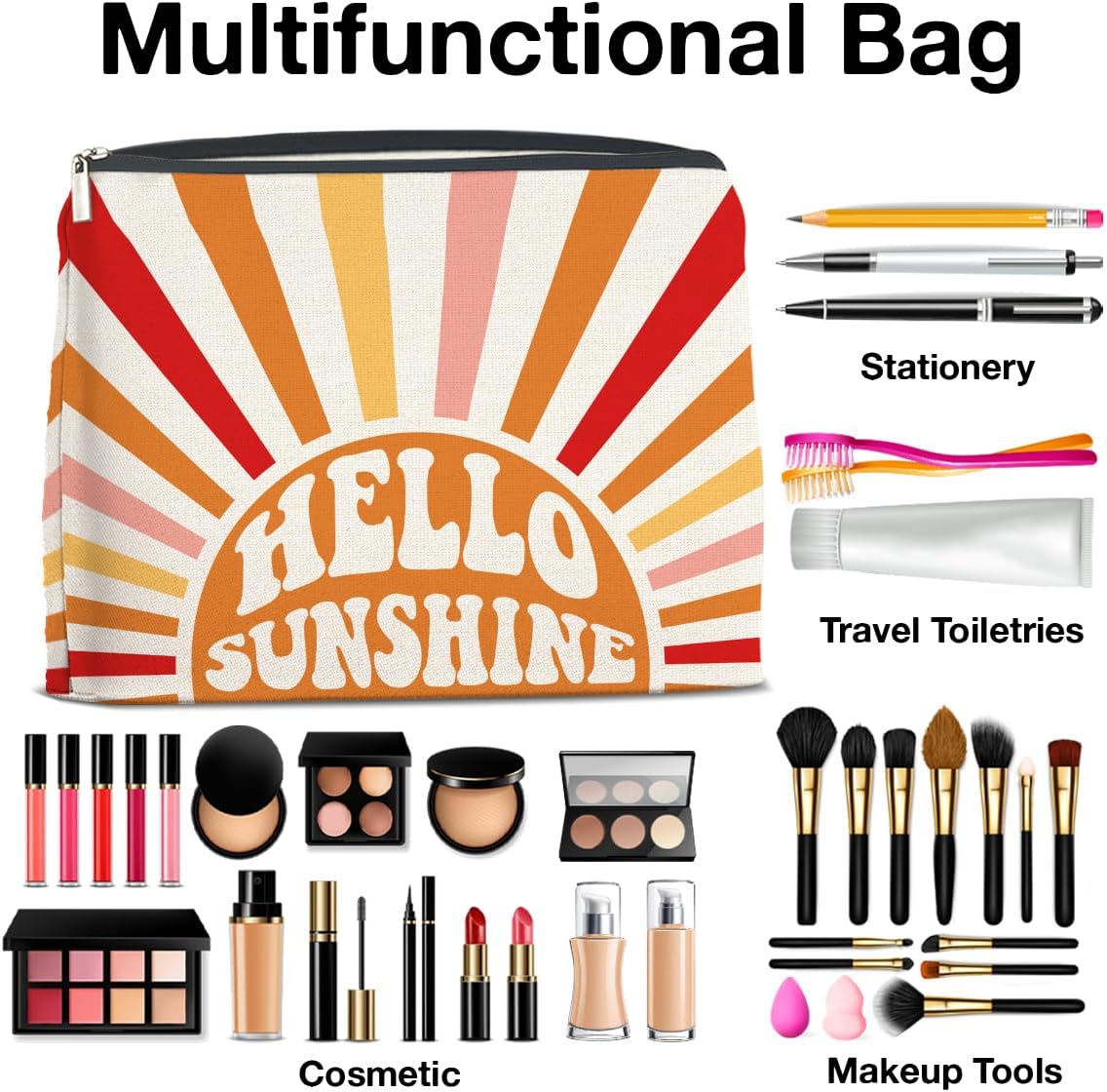 Inspirational Gifts Hello Sunshine Makeup Bag, Positve Gifts for Women, Boho Sunrise Sunshine Zipper Makeup Pouch