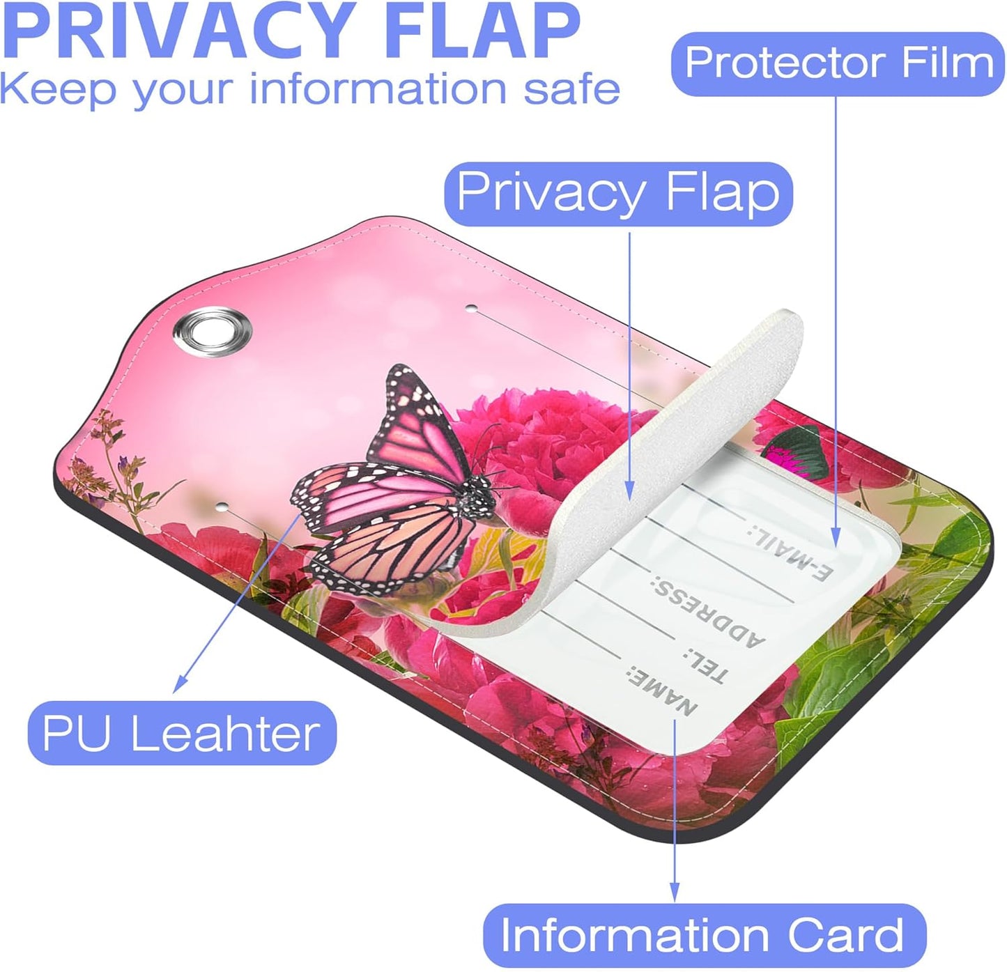 2 Pack Luggage Tags for suitcases Butterfly and Flower Leather Luggage Tag, Identifiers with Privacy Name ID Label and Metal Loop for Men Women Travel Bag Suitcase