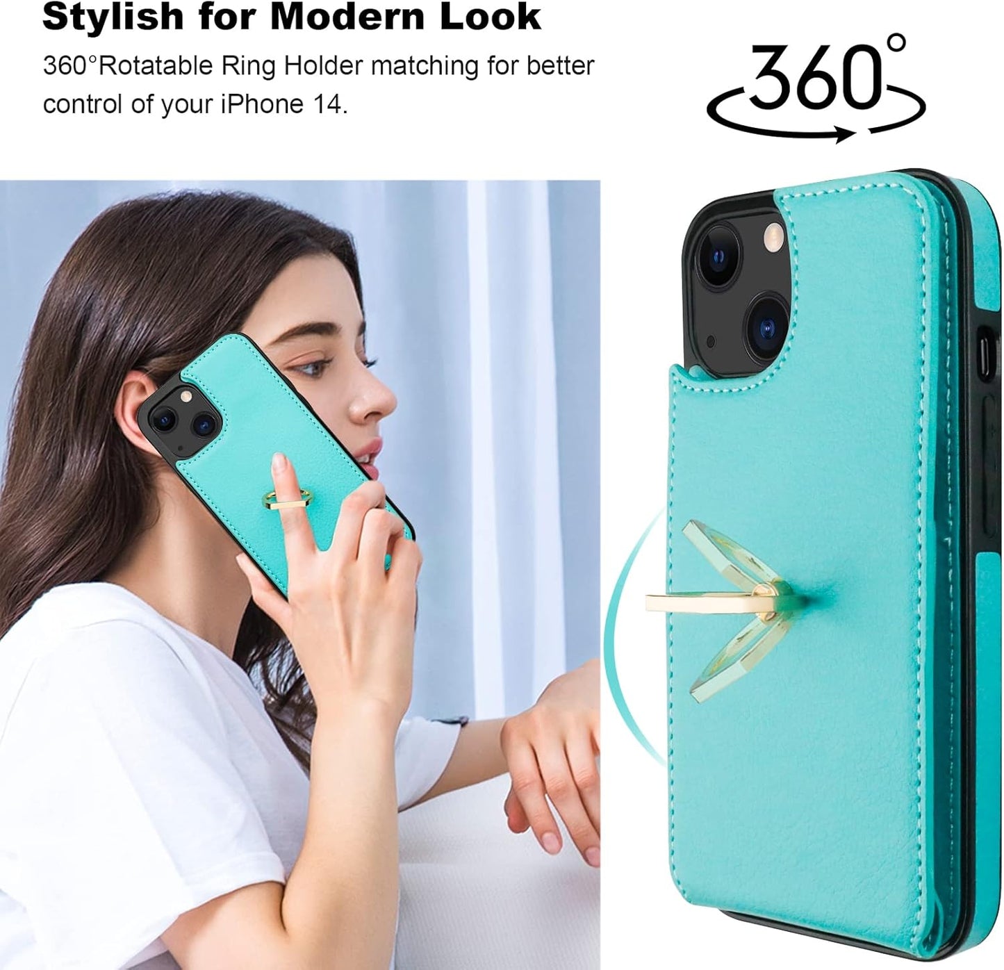 Folosu Compatible with iPhone 14 Case Wallet with Card Holder, 360°Rotation Finger Ring Holder Kickstand, RFID Blocking Leather Protective Double Buttons Shockproof Cover 6.1 Inch Green