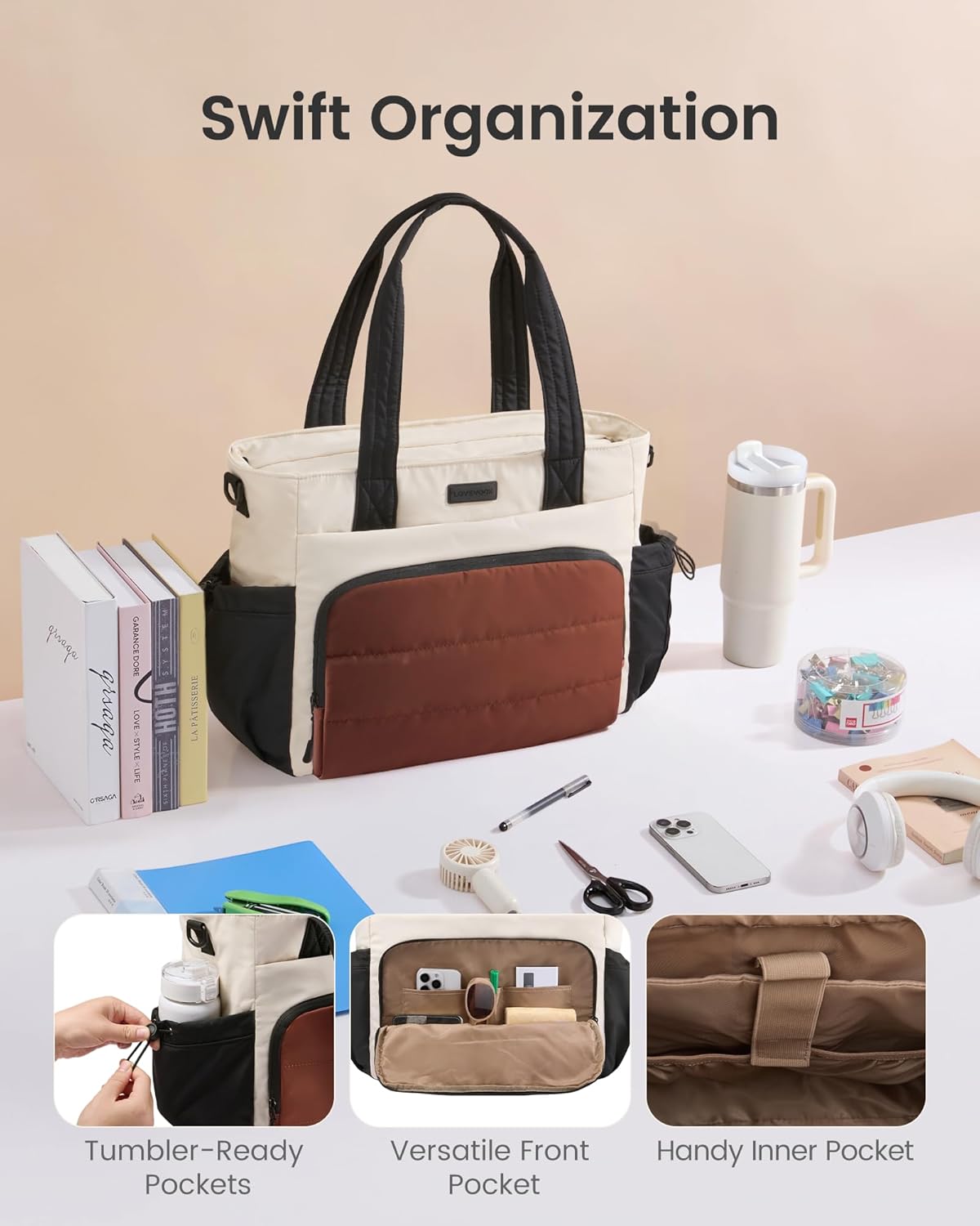 LOVEVOOK Tote Bag for Women, 15.6 Inch Puffer Laptop Work Tote with Cup Holder, Quilted Nurse Bag