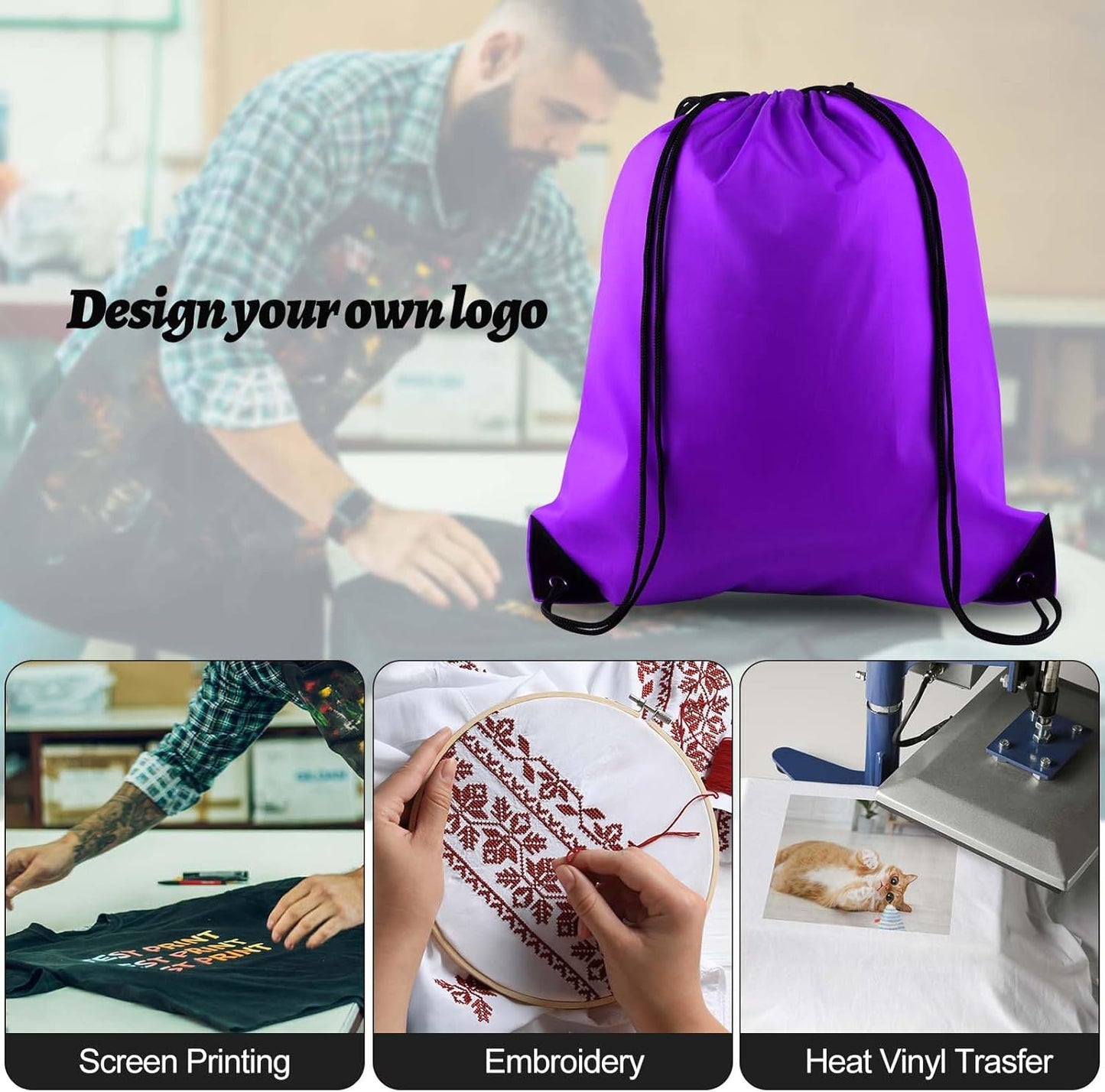 PLULON 15 Pcs Purple Drawstring Bags Drawstring Backpack Bulk, String Backpack Cinch Sack Sport Gym Backpack Bags for Yoga Traveling Outdoor Sports