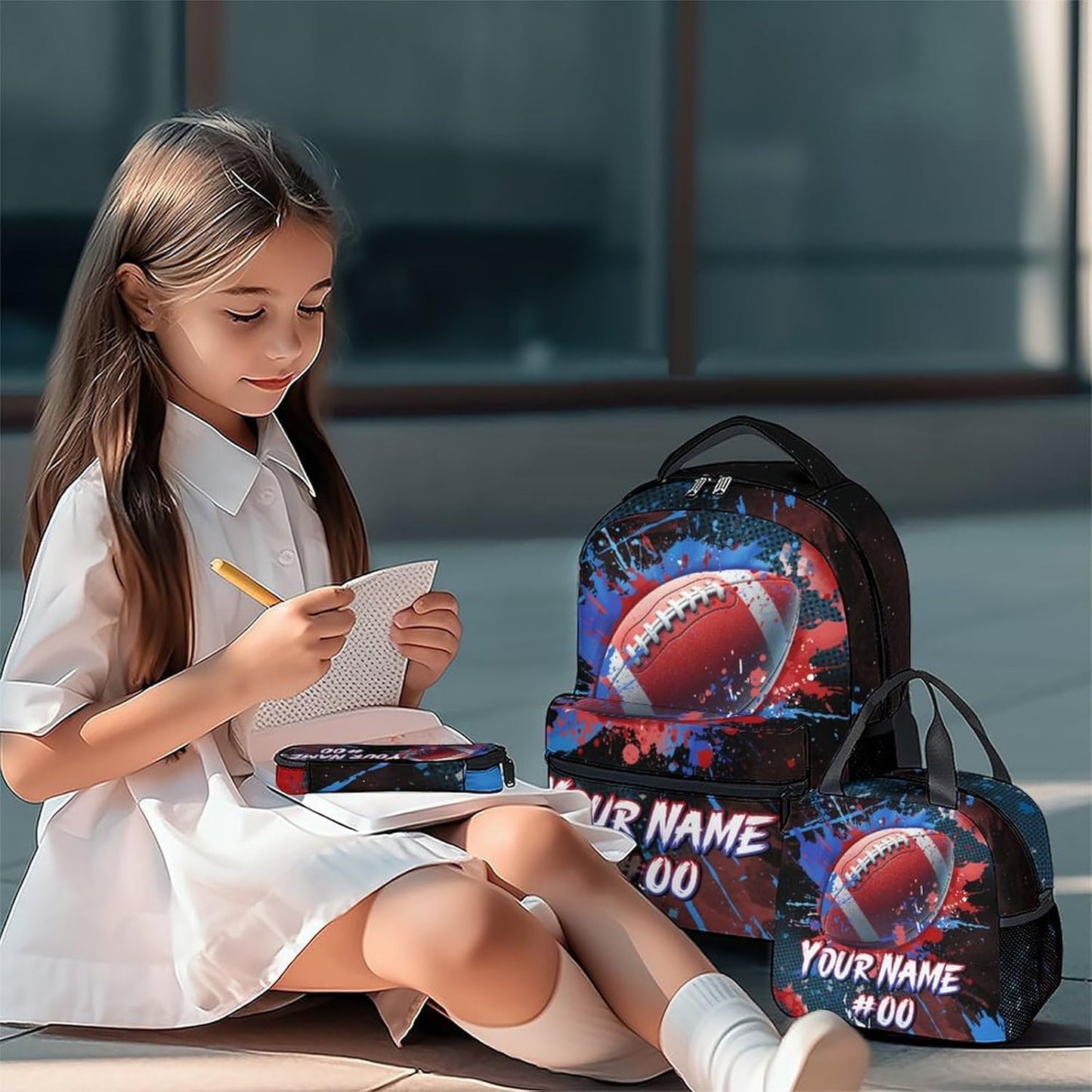 COZYAURA Boy Backpack - Personalized Football Backpacks Set for Kids -Teens Bookbag with Lunch Bag & Pencil Case - Sports Theme School Bags for Elementary Middle School