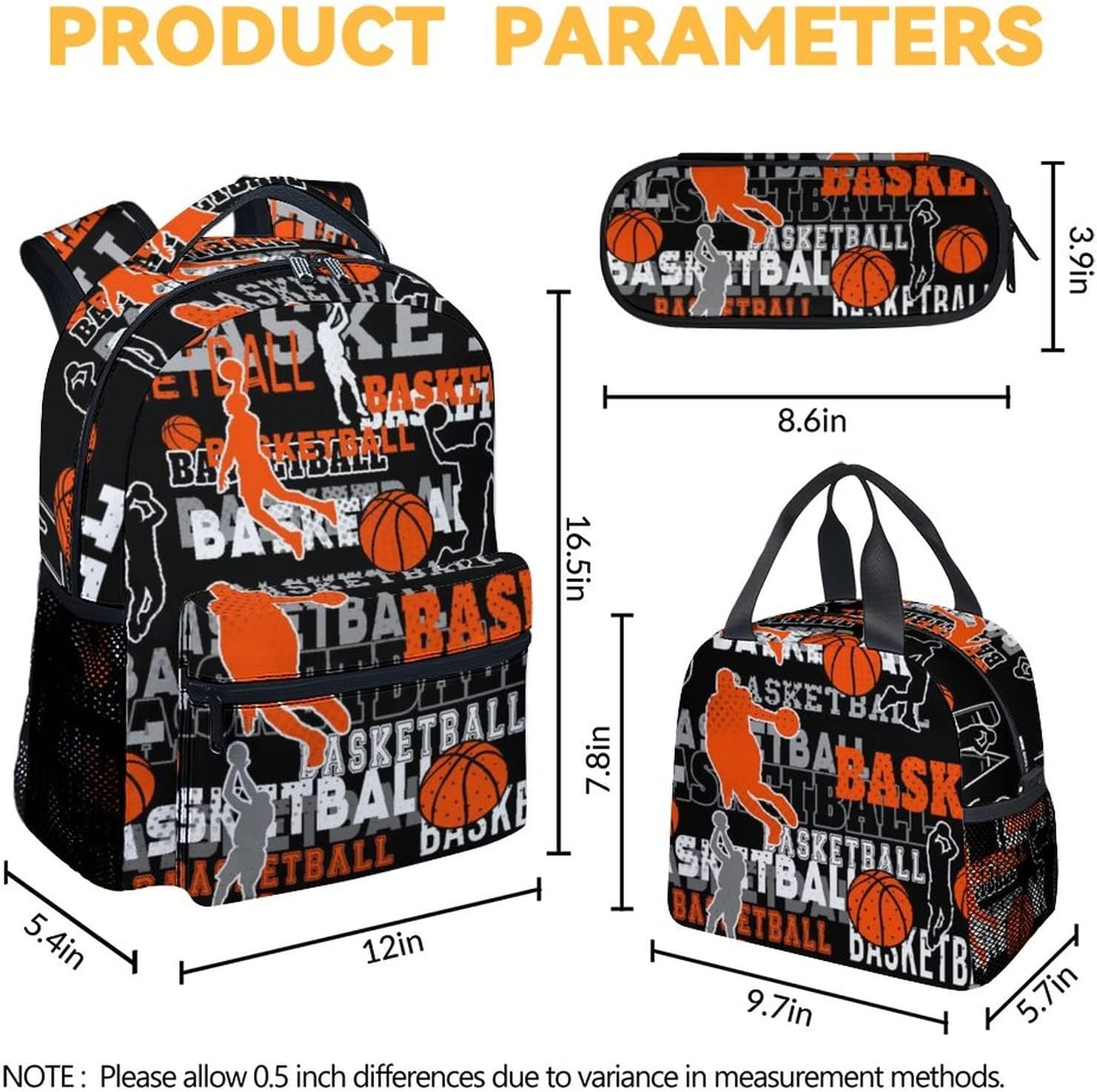 Mercuryelf Basketball Backpack with Lunch Box and Pencil Case, Elementary Kindergarten School
