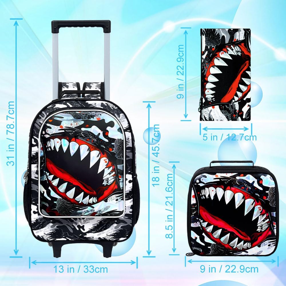 3PCS Shark Rolling Backpack for Boys, Roller School Backpack with Wheels, Kids Wheeled Bookbag for Elementary Preschool Kindergarten(Black)