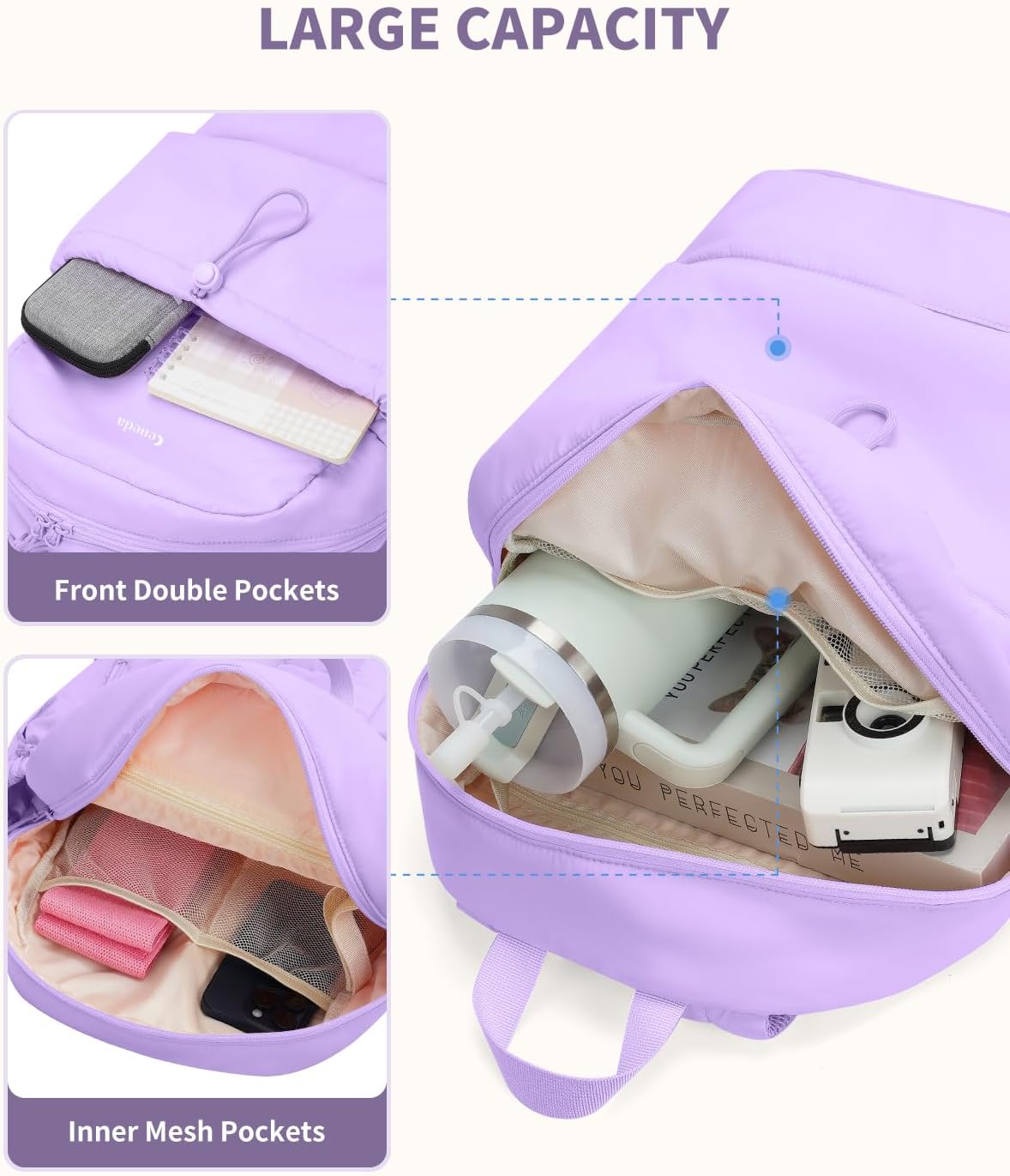 Ceneda Gym Backpack for Women, Lightweight Puffer Backpack with Shoe Compartment, Wet Pocket & Tumbler Strap, Cute Daypack for Fitness, Daily Use & Travel (Purple)