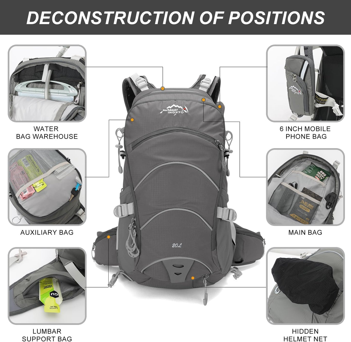 Hydration Pack,20L Hydration Backpack, Hiking Internal Frame Backpacks with 2L Hydration Water Bladder and Rain Cover, for Cycling,Camping, Hunting,Ski, Snow for Men, Women (grey)