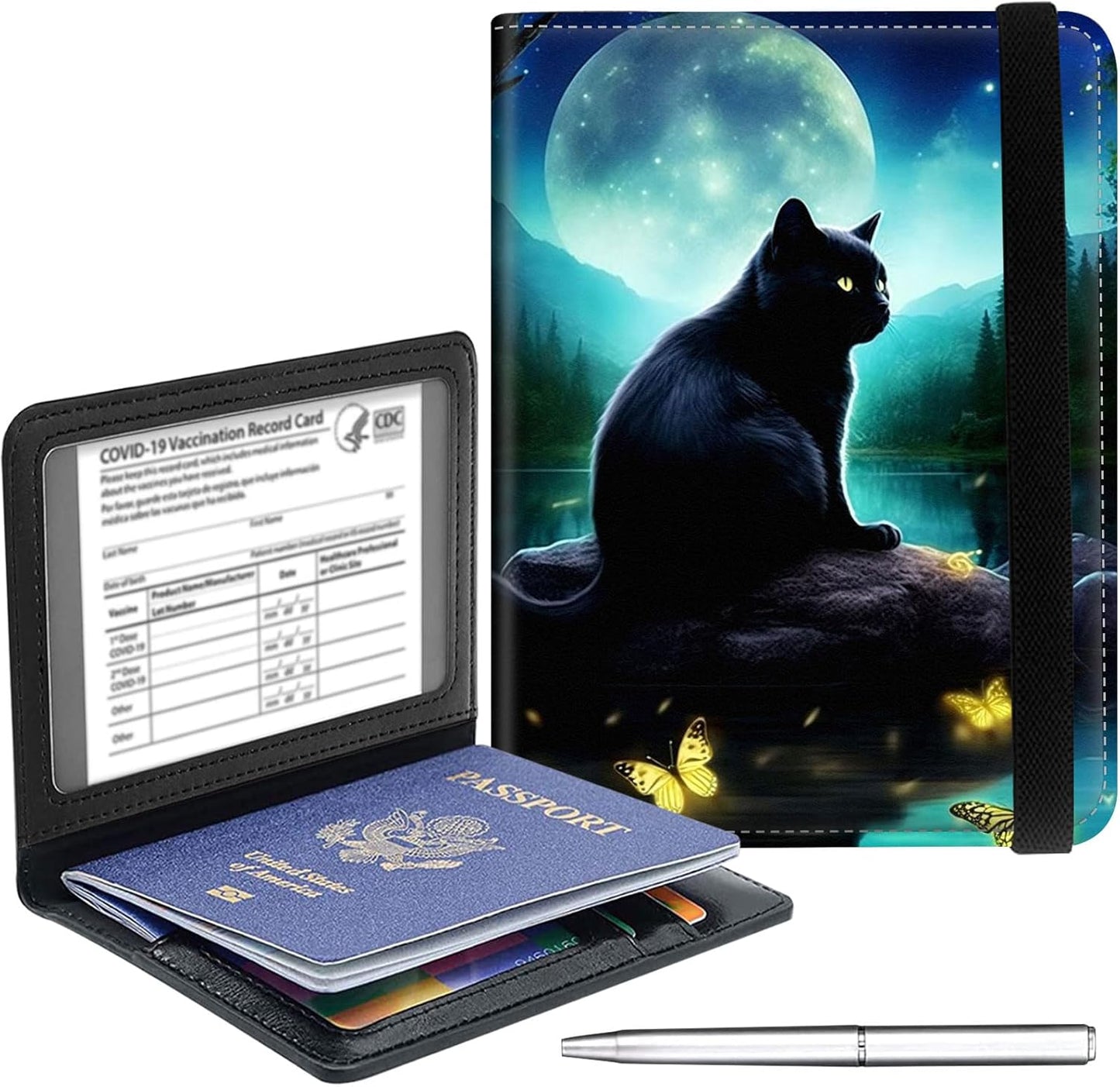 Passport Holder Cover Wallet Travel Essentials RFID Blocking Case Leather Passport Cover Wallet Vaccine Card Slot Organizer for Men Women, Night cat