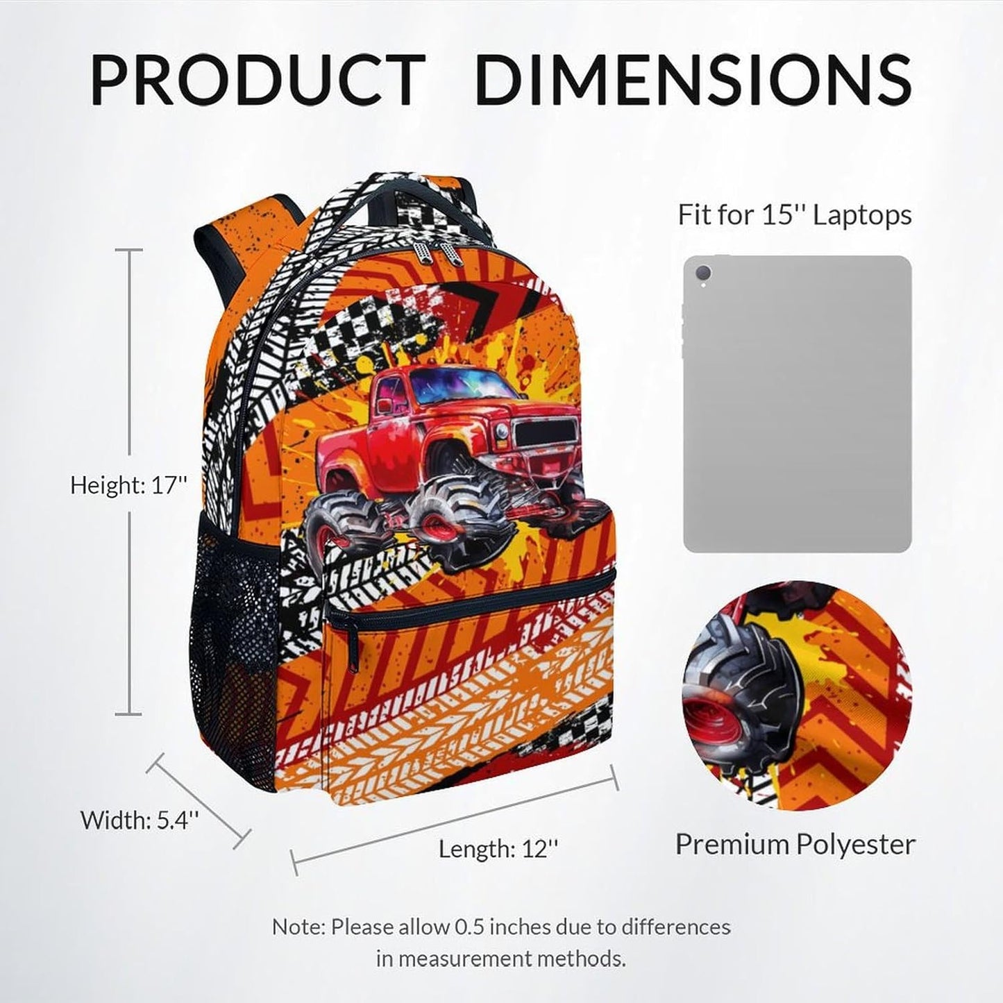 School Backpack for Boys, Truck Backpack for Kids, 17" Racing Bookbag for Toddler, Preschool Kindergarten Elementary School Bag