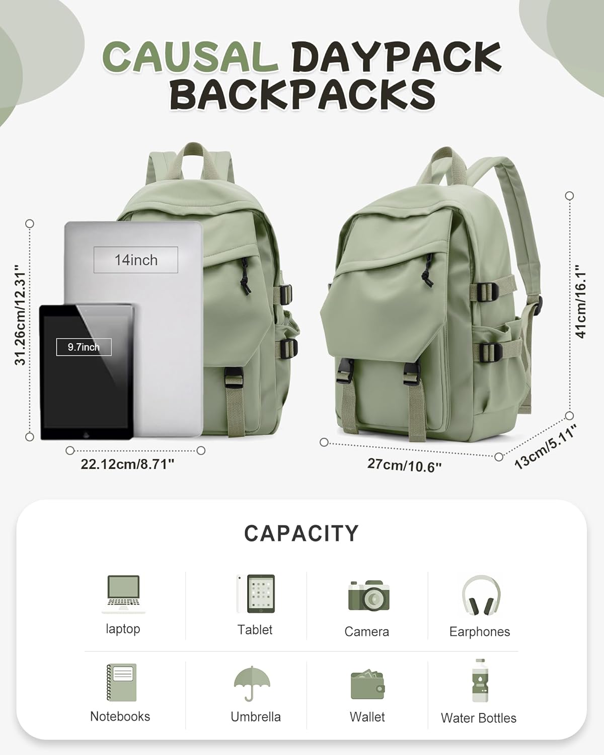 Travel Laptop Backpack For Women Small Computer Work Backpack For Men Lightweight College Teacher Backpacks For Women Causal Daypack Backpacks Grey Green