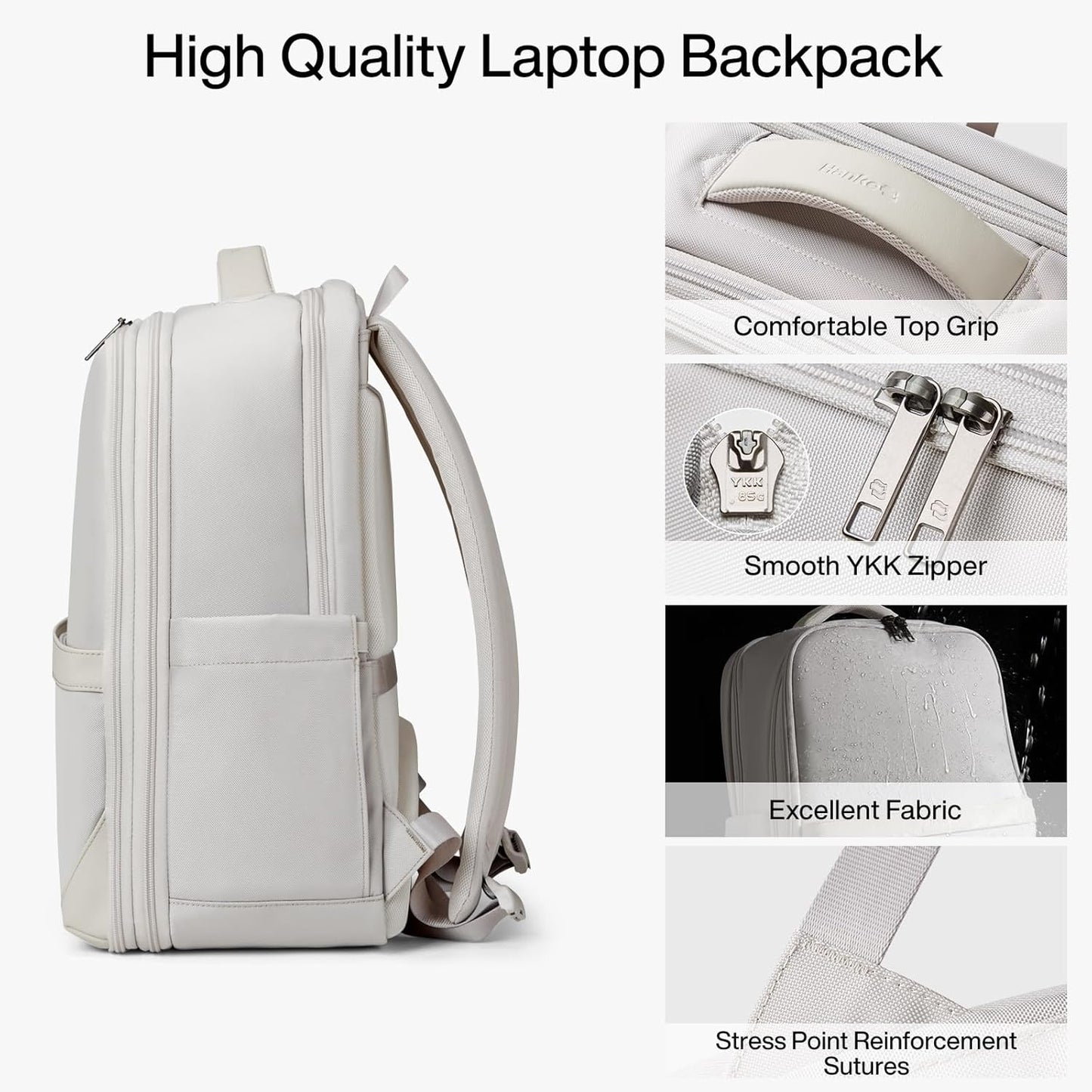 Hanke Expandable Travel Backpack 17 Inch, Full-Open Laptop Backpack Fits 15.6 Inch, Carry On Personal Item Bag with Luggage Strap, Business Work Backpack for Women Men, Greyish White