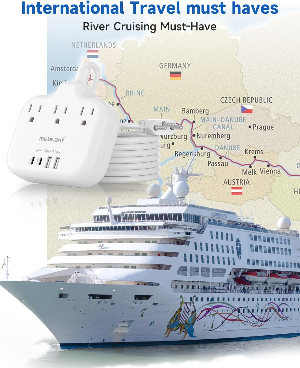 Switzerland Travel Plug Adapter with 5FT Extension Cord, meta-ant Type J Adapter with 3 Outlets 4 USB Ports(2 USB-C), Switzerland Power Adapter for US to Swiss Switzerland Liechtenstein Rwanda