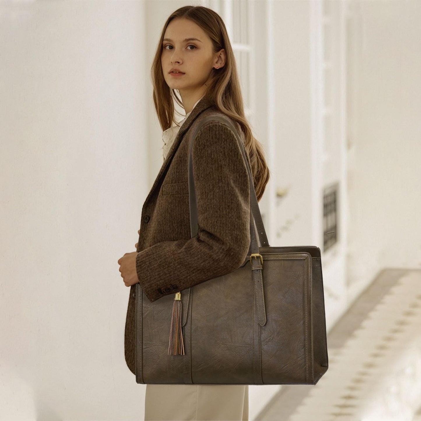 LOVEVOOK Laptop Bag for Women Vintage Leather Work Tote 15.6 inch Large Capacity Computer bag with Clutch Purse for Office, Travel, Casual