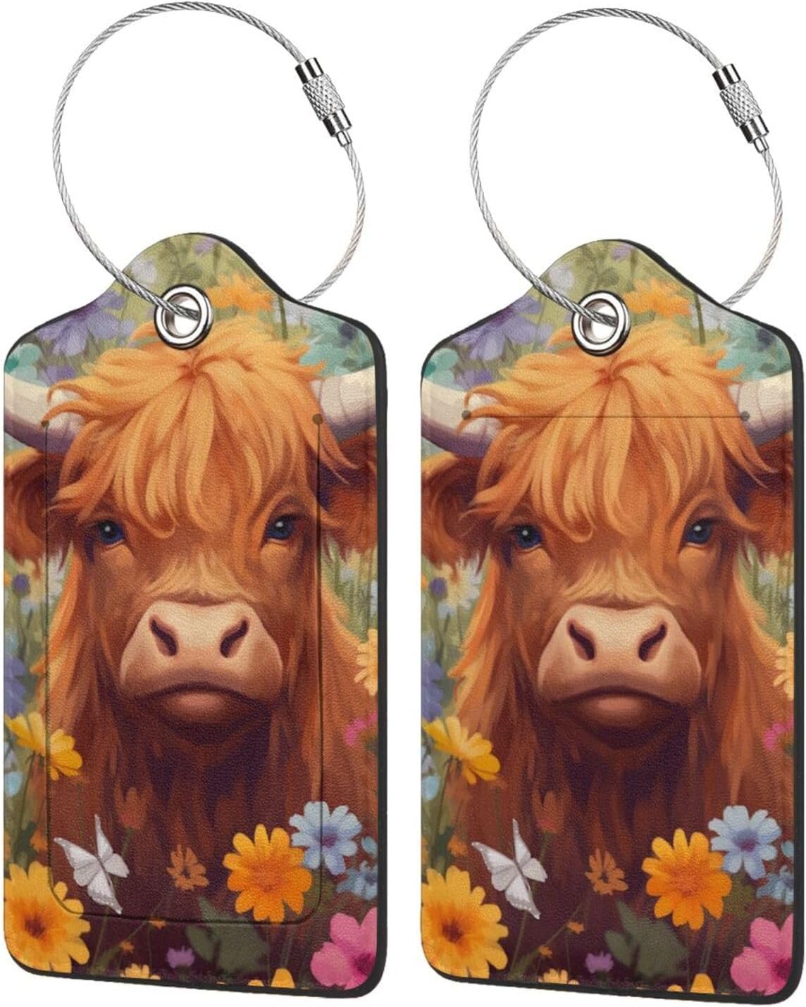2 Pack Luggage Tag for Suitcase, Cute Leather Suitcase Tags Identifiers with Privacy Name Address Labels Durable Steel Loop for Women Men Girl Travel (Cow in Flowers)