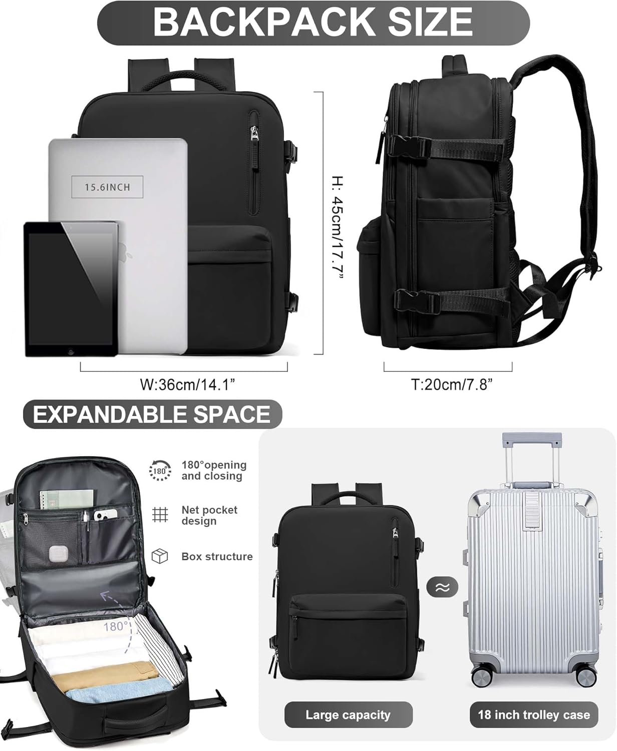 WONHOX Large Travel Backpack Carry on Flight Approved Laptop Work Business Backpack for Women Men Mochila de Viaje