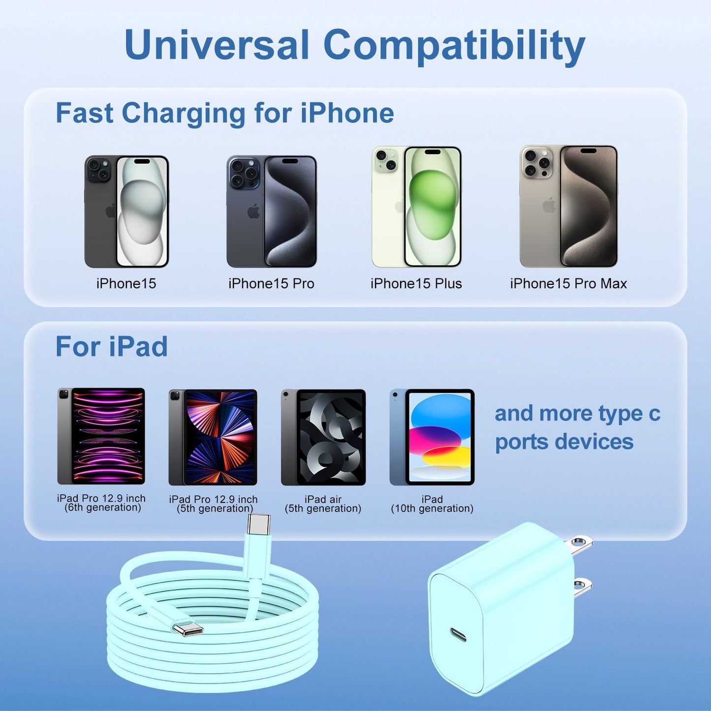 iPhone 16 15 Fast Charger and 10ft Type C to C Cable Cord Long,20W USB C Charging Block for Apple iPhone 16 Pro/16 Plus/15 Pro Max/15/iPad Wall Plug Power Adapter Cube Brick 12.9/11/Air 4th/6 Gen/Mini