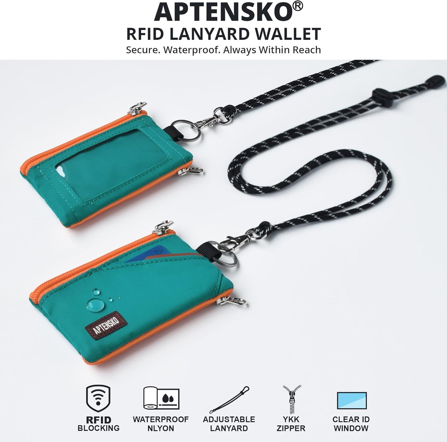 RFID Travel Wallet with Adjustable Lanyard-Zipper Small Wallet with ID Card Holder, Keychain for women&men-Minimalist Slim Waterproof Nylon case for ID, Cash, Key (Turquoise)