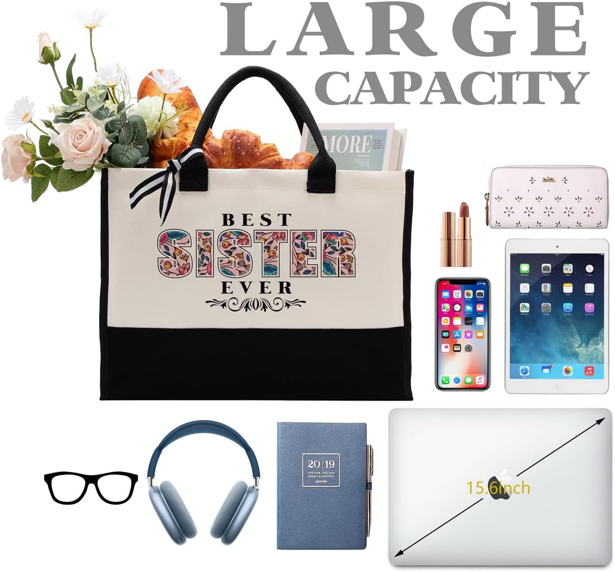 Canvas Tote Bag for Women & Gifting, Beach Travel Bag for Sisters -Best Sister Ever Gift