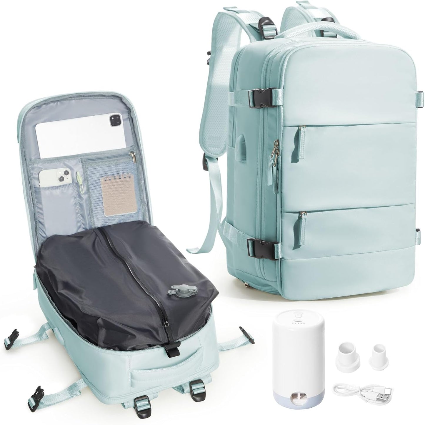 Vacuum Backpack Travel,Travel Backpack with Vacuum System,Vacuum Seal Compression Backpack with Pump for Travel,Flight Approved 18x14x8 inches Laptop Bag,Light Blue