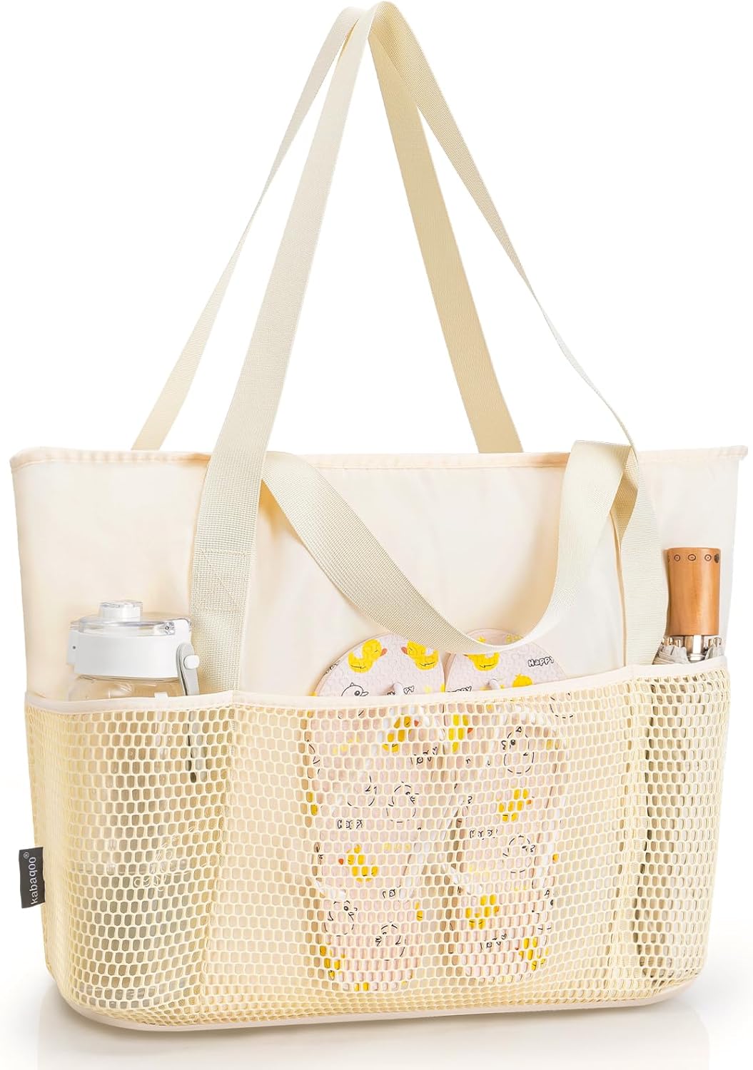KABAQOO Large Beach Bag Waterproof Sandproof Tote Bag for Women with Zipper & Mesh Pockets for Pool Swim Travel Everyday
