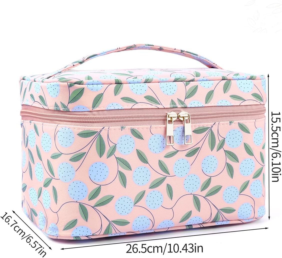 MAANGE Travel Makeup Bag, Cosmetic Bag, Portable Large Capacity Makeup Case, Make Up Organizer For Women, Oxford Cloth Toiletry Bag With Handle (Pink Plants)