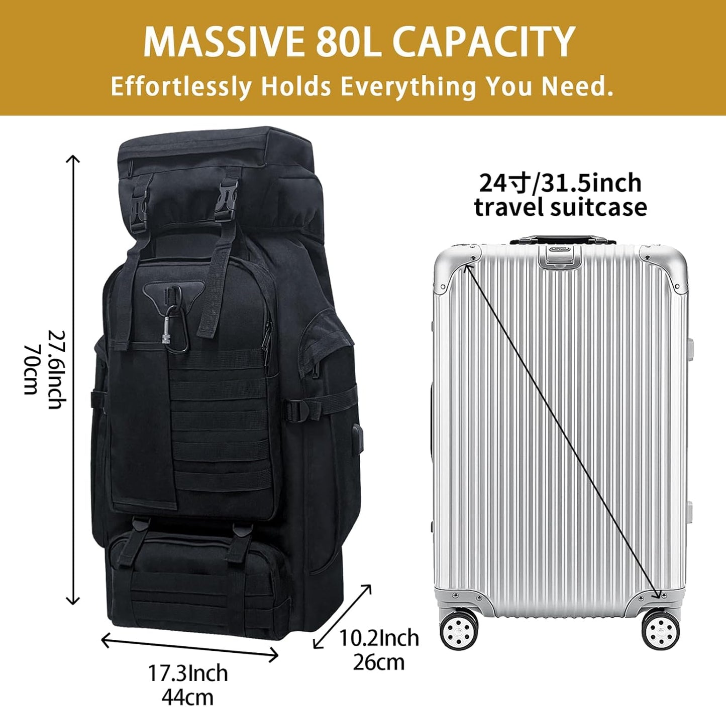 80L Camping Hiking Backpack, Large Military Tactical Backpack with USB Charging Port, Waterproof Travel Daypack With Carabiner Outdoor MOLLE Rucksack for Men Women (Black)