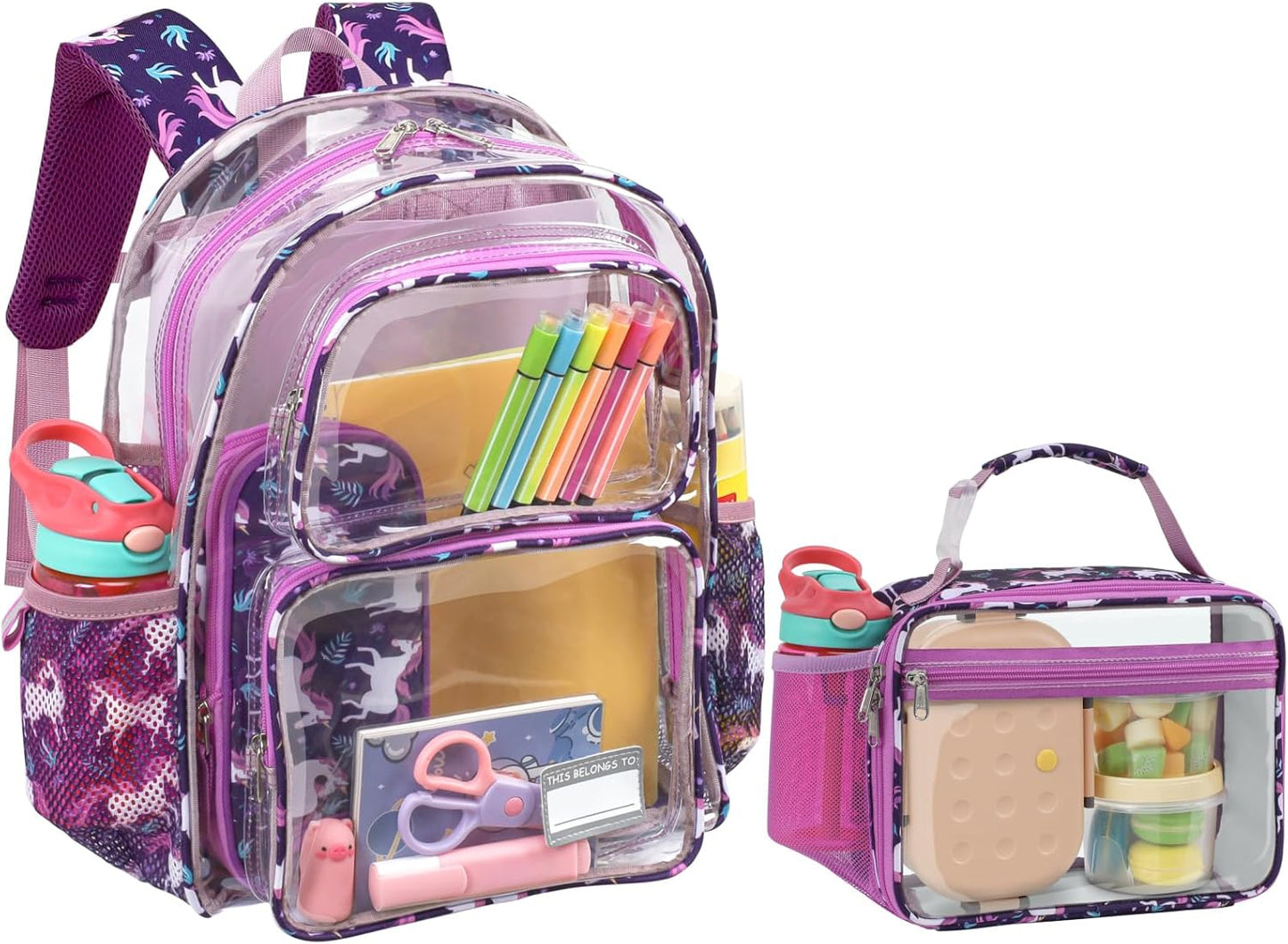 Bagseri 2pcs Clear Backpack for Girls - 15 Inch Backpack with Clear Lunch Bag, Heavy Duty Transparent Bookbag for School, See Through Bag for Kids Aged 3 to 8, Deep Purple Unicorn