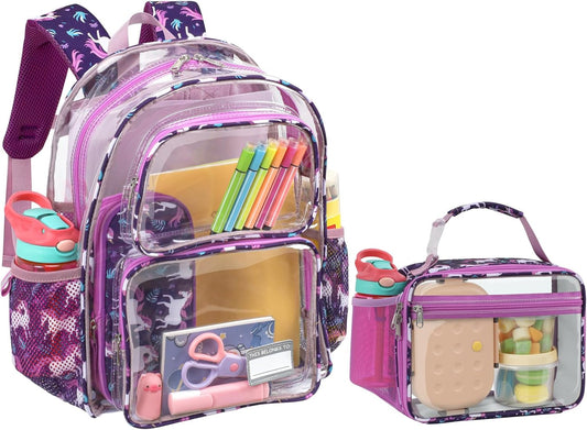 Bagseri 2pcs Clear Backpack for Girls - 15 Inch Backpack with Clear Lunch Bag, Heavy Duty Transparent Bookbag for School, See Through Bag for Kids Aged 3 to 8, Deep Purple Unicorn