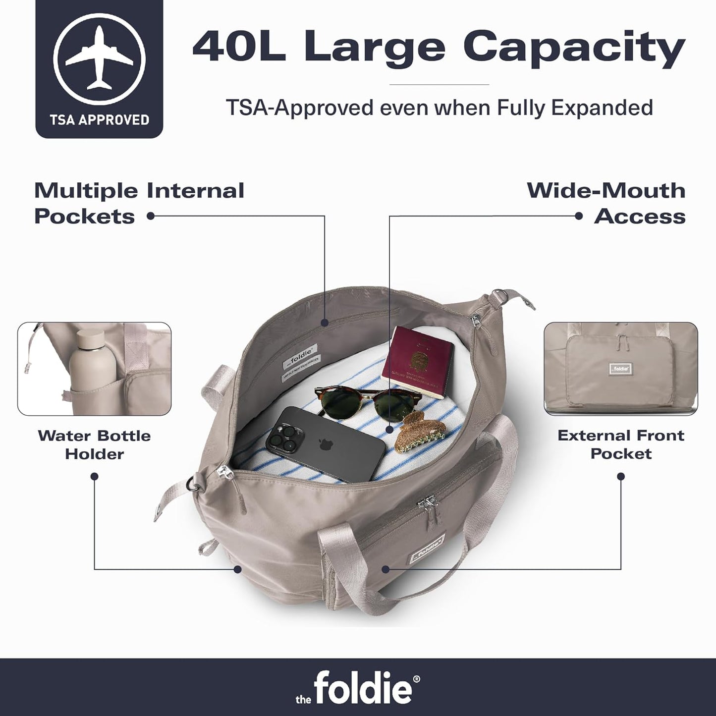 The Foldie Foldable Travel Bag for Women - 40L Weekender Bag with Multiple Pockets - Carry On Expendable Travel Bag