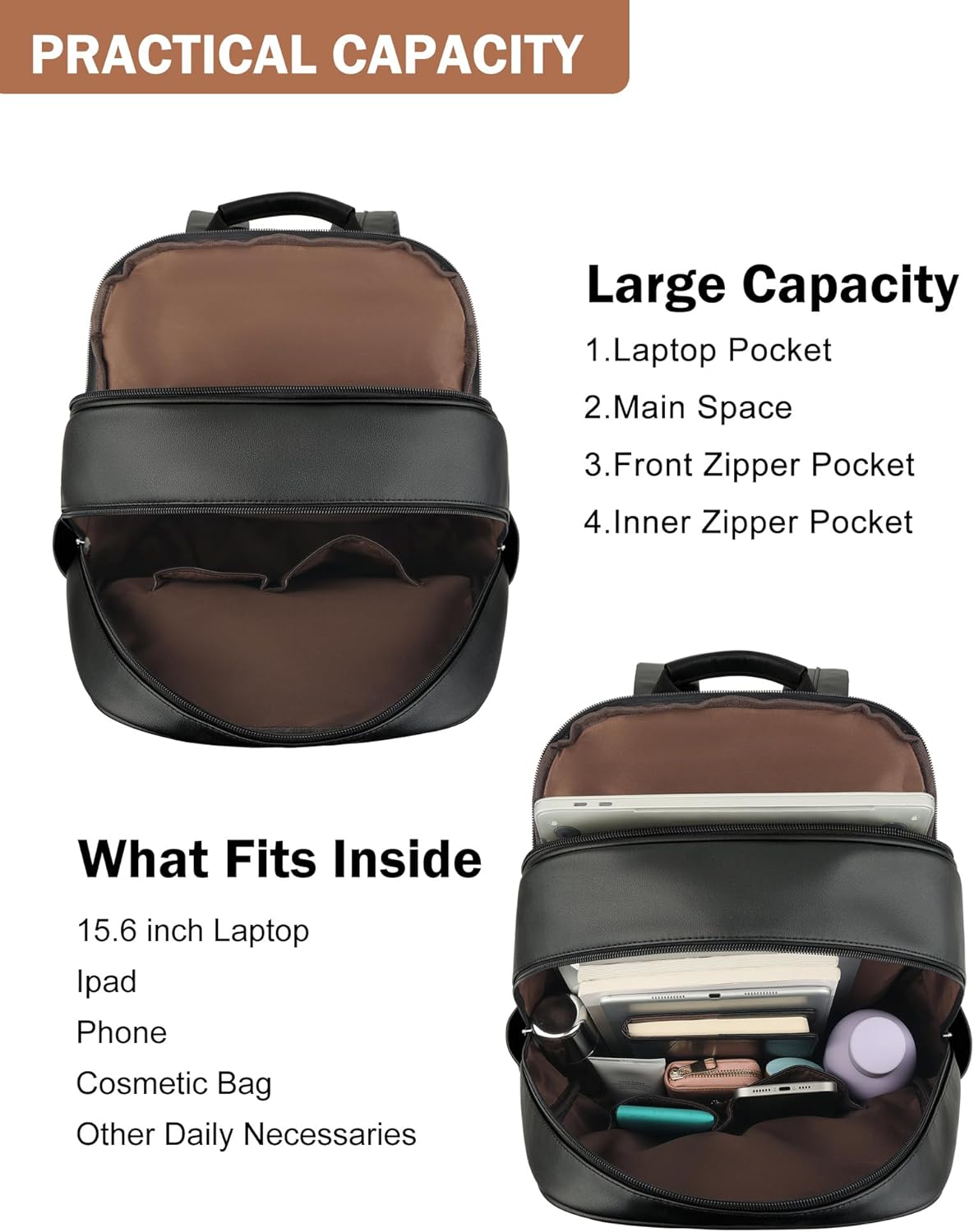 MASINTOR 15.6 inch Leather Laptop Backpack Purse for Women, Designer Travel and Work Bag with Laptop Compartment Black