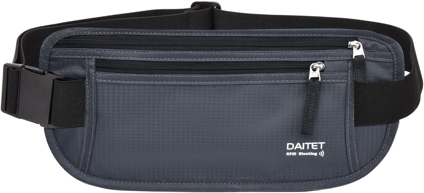 RFID Blocking Money Belt for Men Women, Slim Fanny Pack for Travel，Running,Conceal Waist Wallet for Passport Holder,Phone,Cash(Black Dark Grey)
