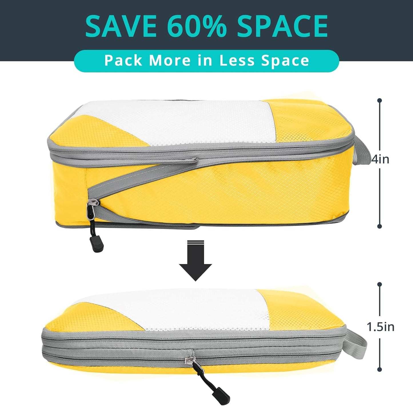 Compression Packing Cubes 6 Set, Compressible Space-Saving Packing Cubes for Travel - Compression Bags, Luggage Organizer, Travel Essentials for Women, Golden Yellow