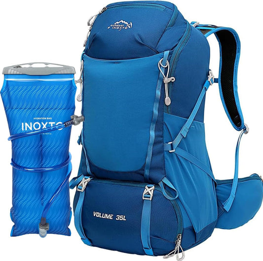 INOXTO 35L Hiking Backpack with 3Lwater bladder, Camping Backpack with Waterproof Rain Cover for Men, Outdoor Sport Travel Daypack for Climbing (Dark blue)