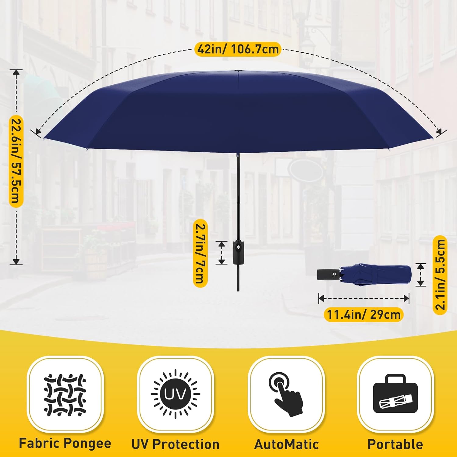 Windproof Travel Umbrella, Compact Umbrella, Car Umbrellas for Rain & Sun, 8 Fiberglass Ribs for