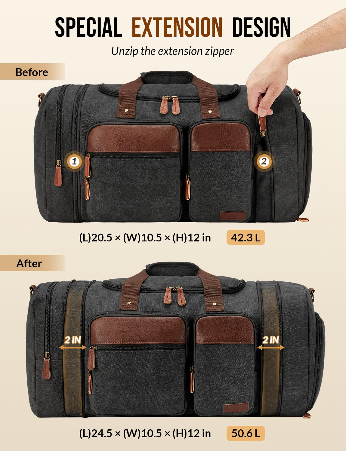 Celvetch Canvas Duffle Bag for Travel 50L Expandable, Dark Grey