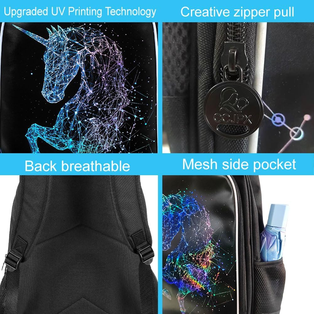 3PCS Unicorn Backpack, 17" Girls Bookbag with Lunch Box, Kids Water Resistant Middle Elementary