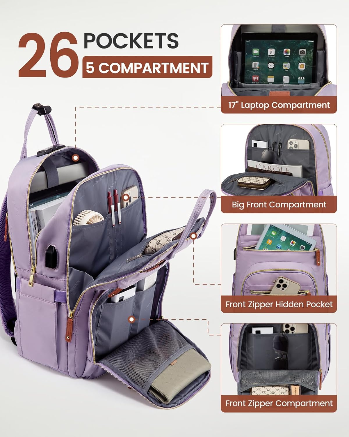 LOVEVOOK Laptop Backpack Purse for Women, Unisex Large Capacity 17 Inch Travel Anti-theft Bag, Work Business Computer Bags backpack, Casual Hiking Daypack with Lock, Light Purple