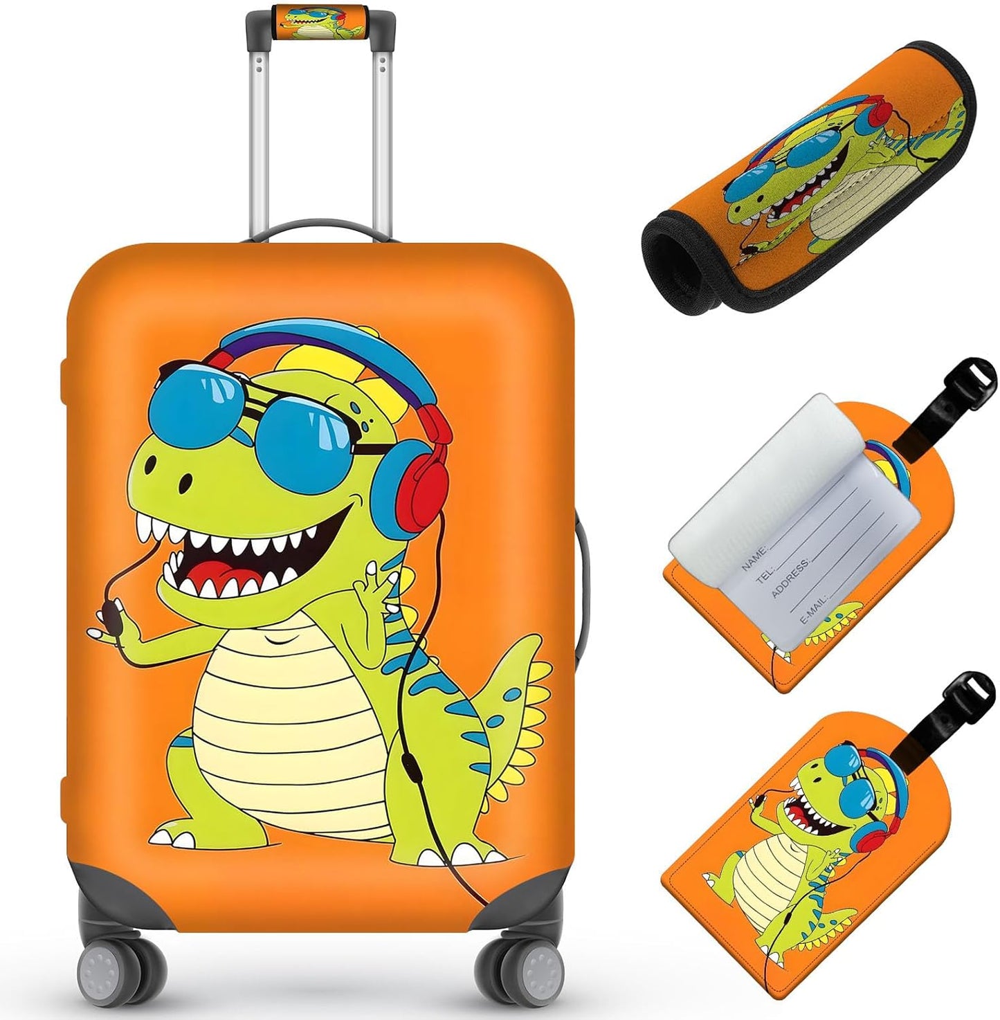 Travel Luggage Cover, Dinosaur Theme Suitcase Cover Accessory Kit, Luggage Tag, Handle Wrap, Washable Suitcase Protector (25-28 inch, Green)