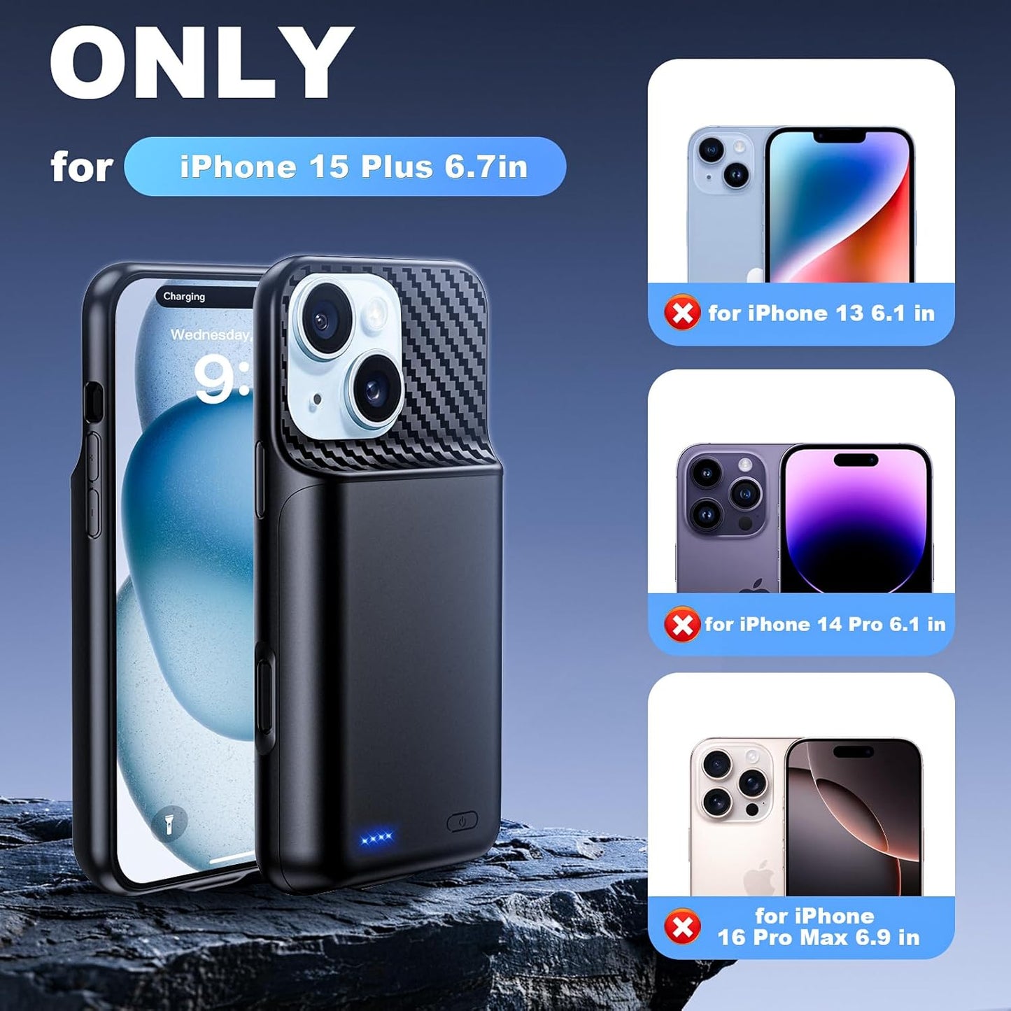 Battery Case for iPhone 15 Plus (6.7 inch), 2025 Upgraded High Capacity 13800mAh Battery Pack Rechargeable Charger External Charging Case with Tempered Glass Screen Protector Black