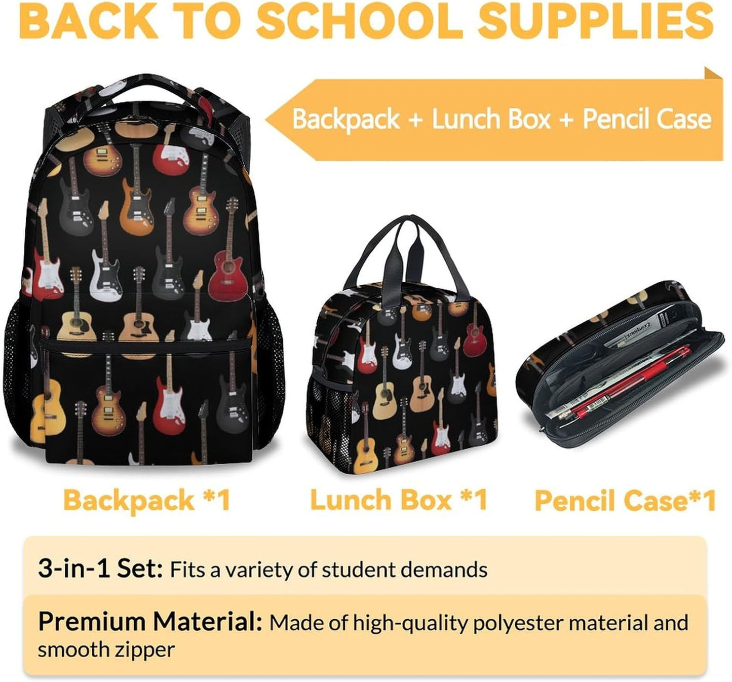 Mercuryelf Guitar Kids Backpack with Lunch Box Set, 3 in 1 School Backpacks Matching Combo, Popular Black Bookbag and Pencil Case Bundle
