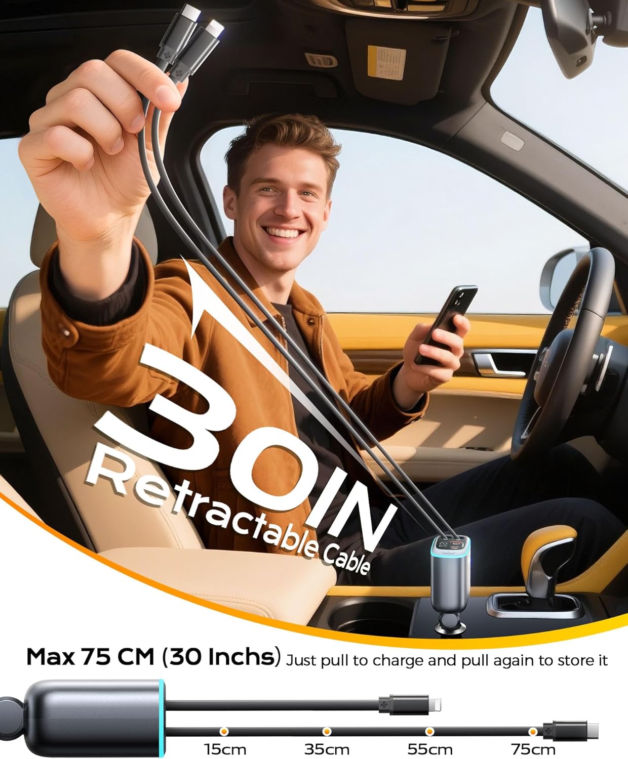 iPhone Car Charger, Retractable Fast USB C Phone Charger, 4 in 1 Cigarette Lighter Adapter with 2 Cables 30 Inch and 2 USB Ports, Multi Port USB Car Charging for iPhone 17/16/15/14/13/Pro Max