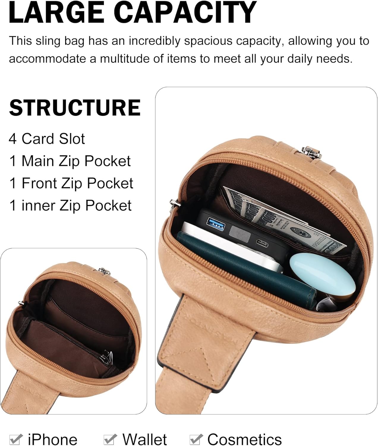 MASINTOR Small Sling Bag for Women and Men - Vegan Leather Crossbody Fanny Pack with Multiple Compartments for Everyday Use Camel Brown