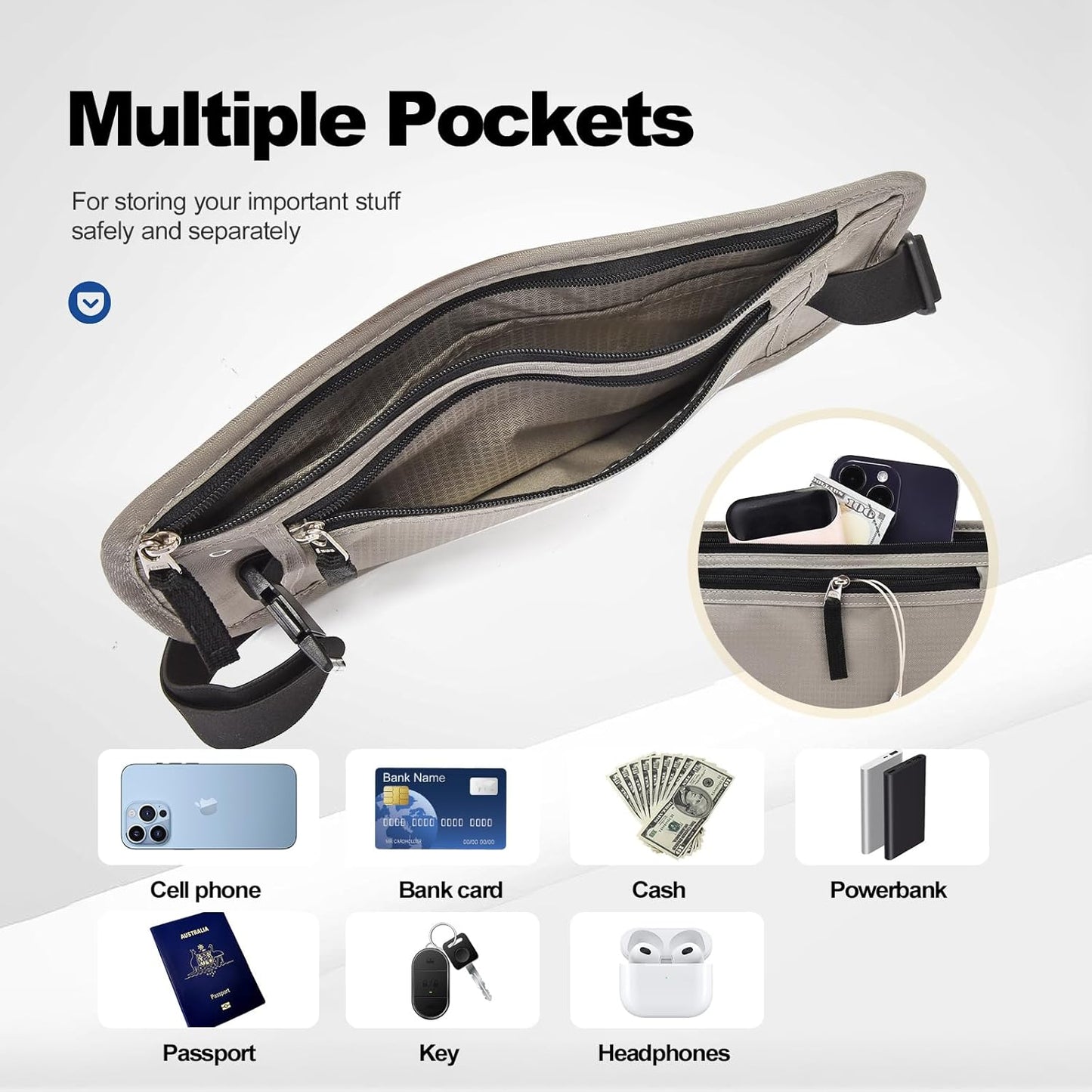 Unisex Money Belt For Men and Women, Slim Passport Holder RFID Blocking Travel Essentials Pouch with Adjustable Strap Small Waist Pouch for Workout Running Travelling Hiking, Light Grey
