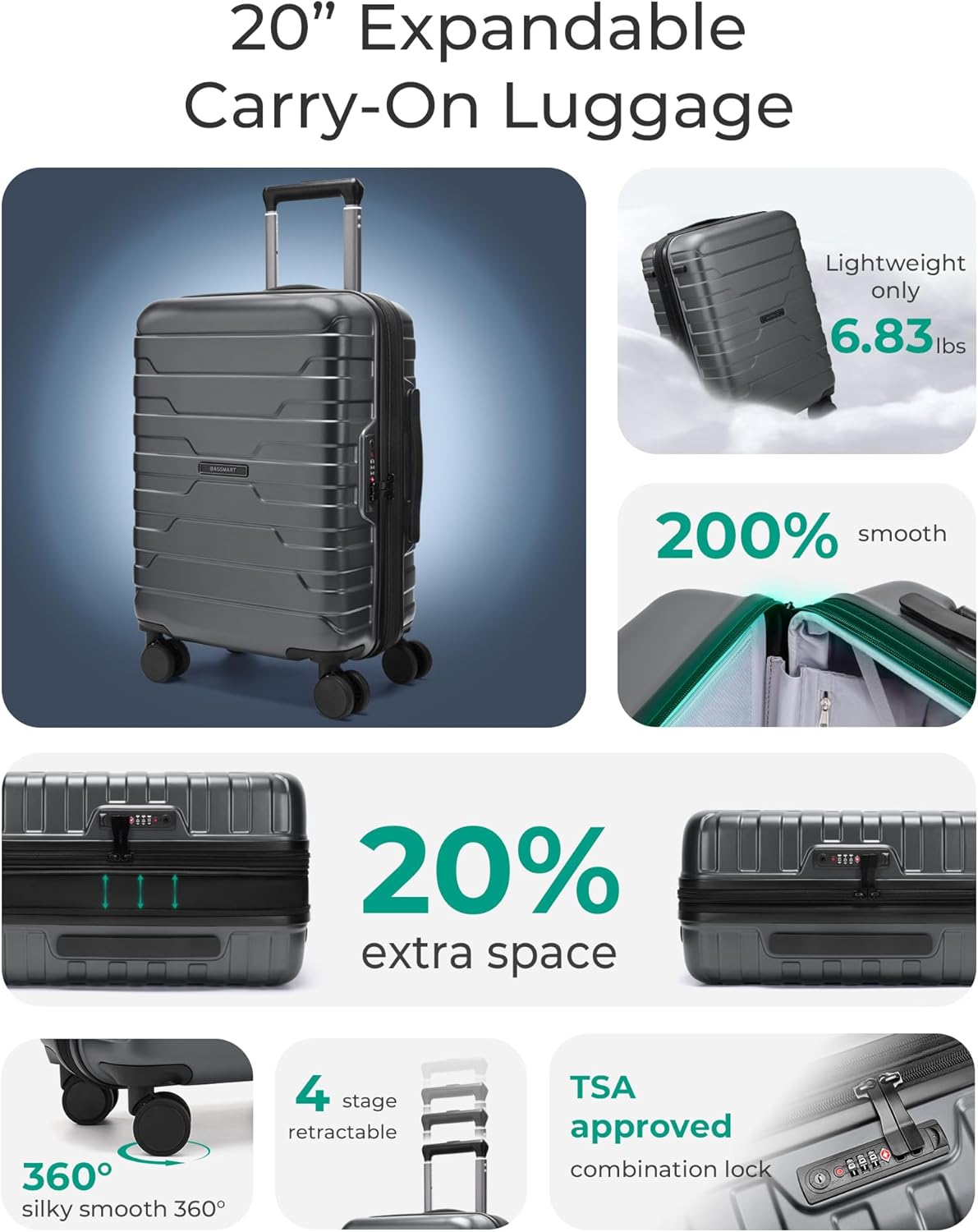BAGSMART Carry On Luggage 22x14x9 Airline Approved with Spinner Wheels,Lightweight 20 Inch Luggage with TSA Lock,Expandable Hard Shell Carry On Suitcases for Men Women,Gray