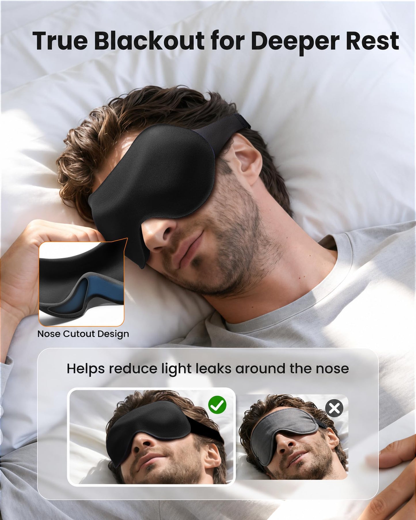3 Pack Sleep Masks for Side Sleepers, True Blackout 3D Eye Mask for Sleeping, Zero Eye Pressure